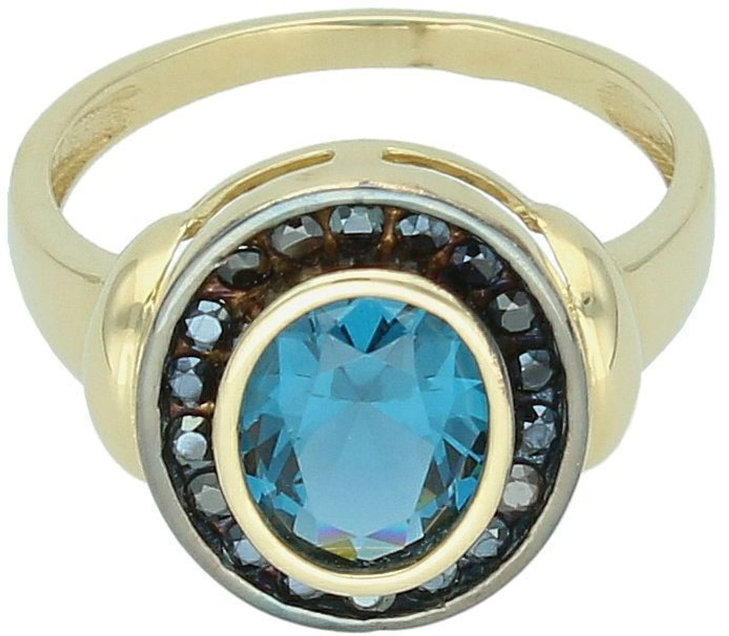 Złoty pierścionek DIA-PRS-13286-585 z dużą niebieską cyrkonią i czarnymi kamieniami. Próba 585, waga 3,74 g, rozmiar 16, szerokość szyny 2 mm. Elegancja i odwaga w jednym.1.jpg
