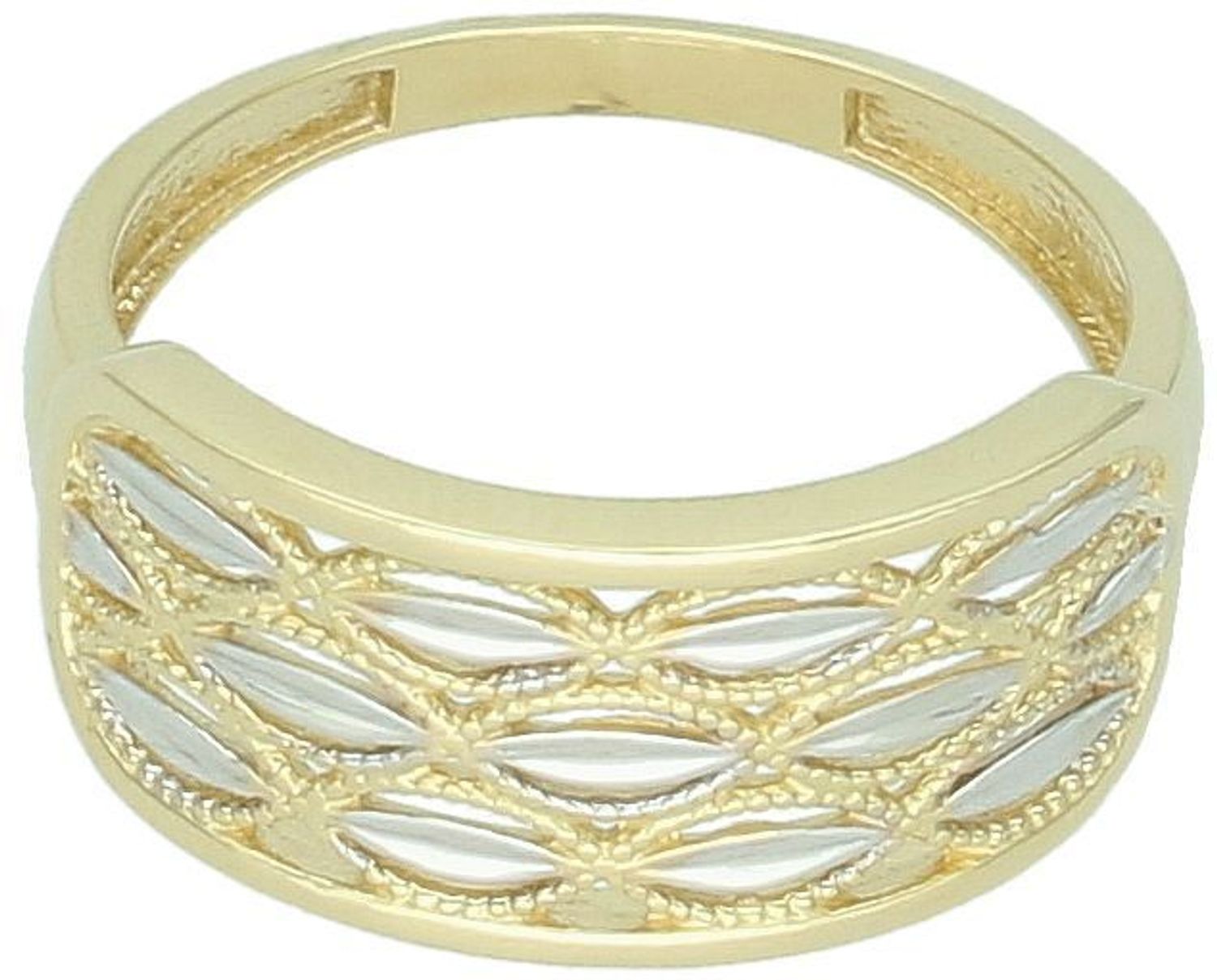 Złoty pierścionek damski DIA-PRS-13289-585 z dodatkiem białego złota i zdobionym wzorem. Próba 585, waga 4,00 g, szerokość 1,0 cm. Styl i elegancja na każdą okazję.1.jpg