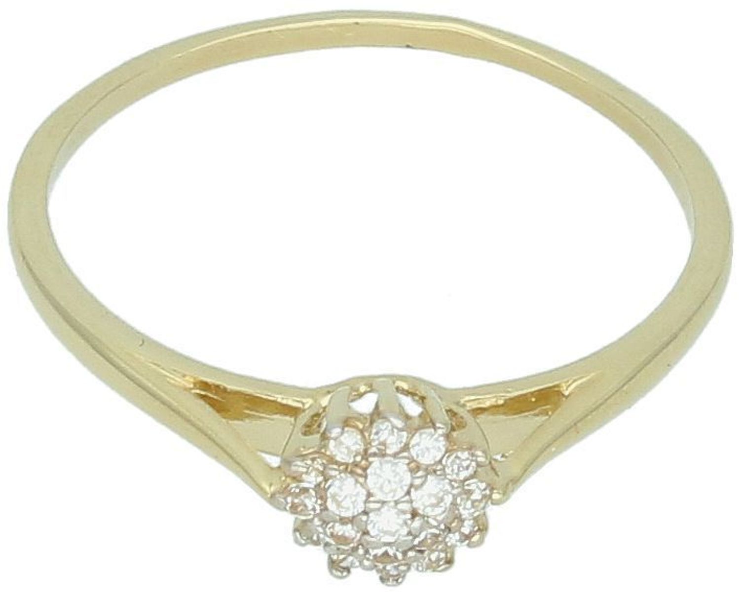 Złoty pierścionek damski DIA-PRS-13290-585 z koszyczkiem wysadzanym białymi cyrkoniami. Próba 585, waga 1,63 g, element ozdobny 6x5 mm, szyna 1 mm. Delikatna i elegancka biżuteria.1.jpg