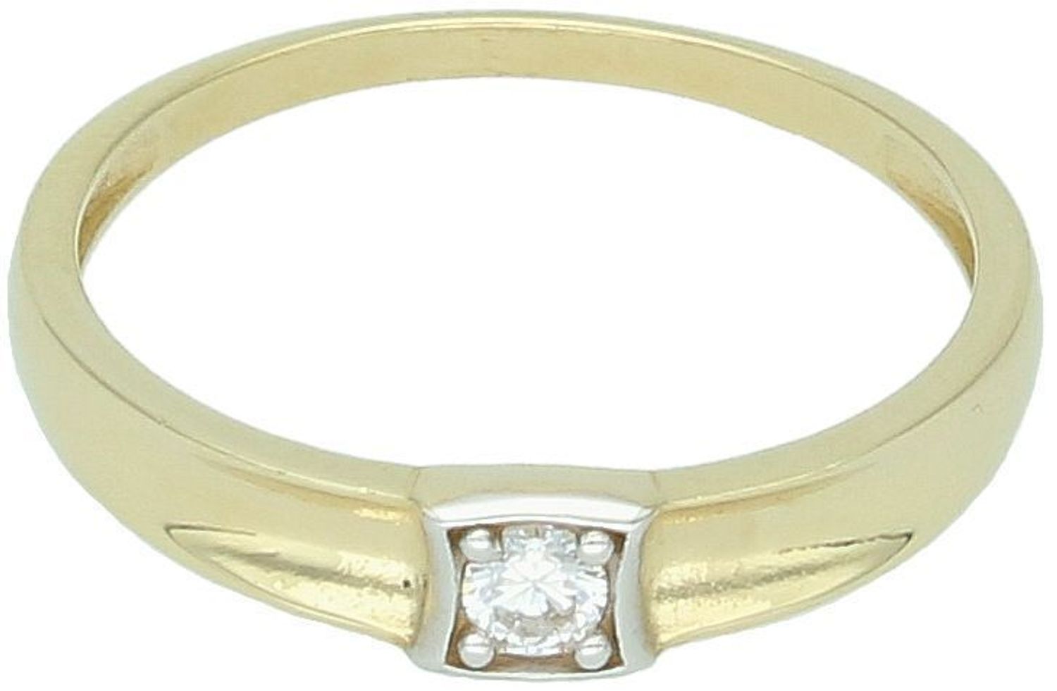 Złoty pierścionek damski DIA-PRS-13292-585 z jedną cyrkonią. Próba 585, waga 2,16 g, szerokość górnej części 4 mm, szyna 2 mm. Klasyczna i elegancka biżuteria na każdą okazję.1.jpg