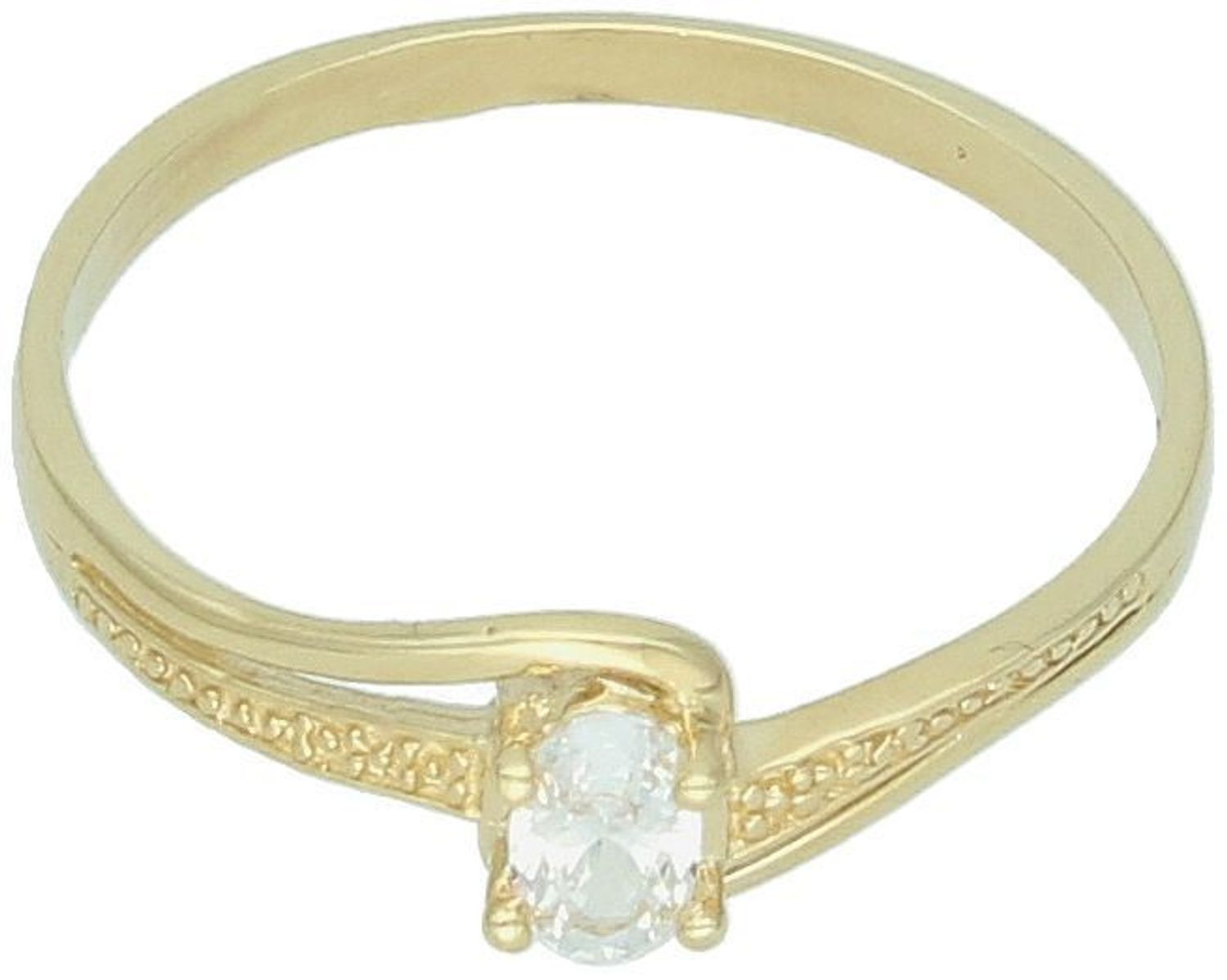 Złoty pierścionek damski DIA-PRS-13293-585 z owalną cyrkonią 5x4 mm. Próba 585, waga 1,27 g, szerokość szyny 2 mm. Subtelna elegancja na co dzień i na specjalne okazje.1.jpg