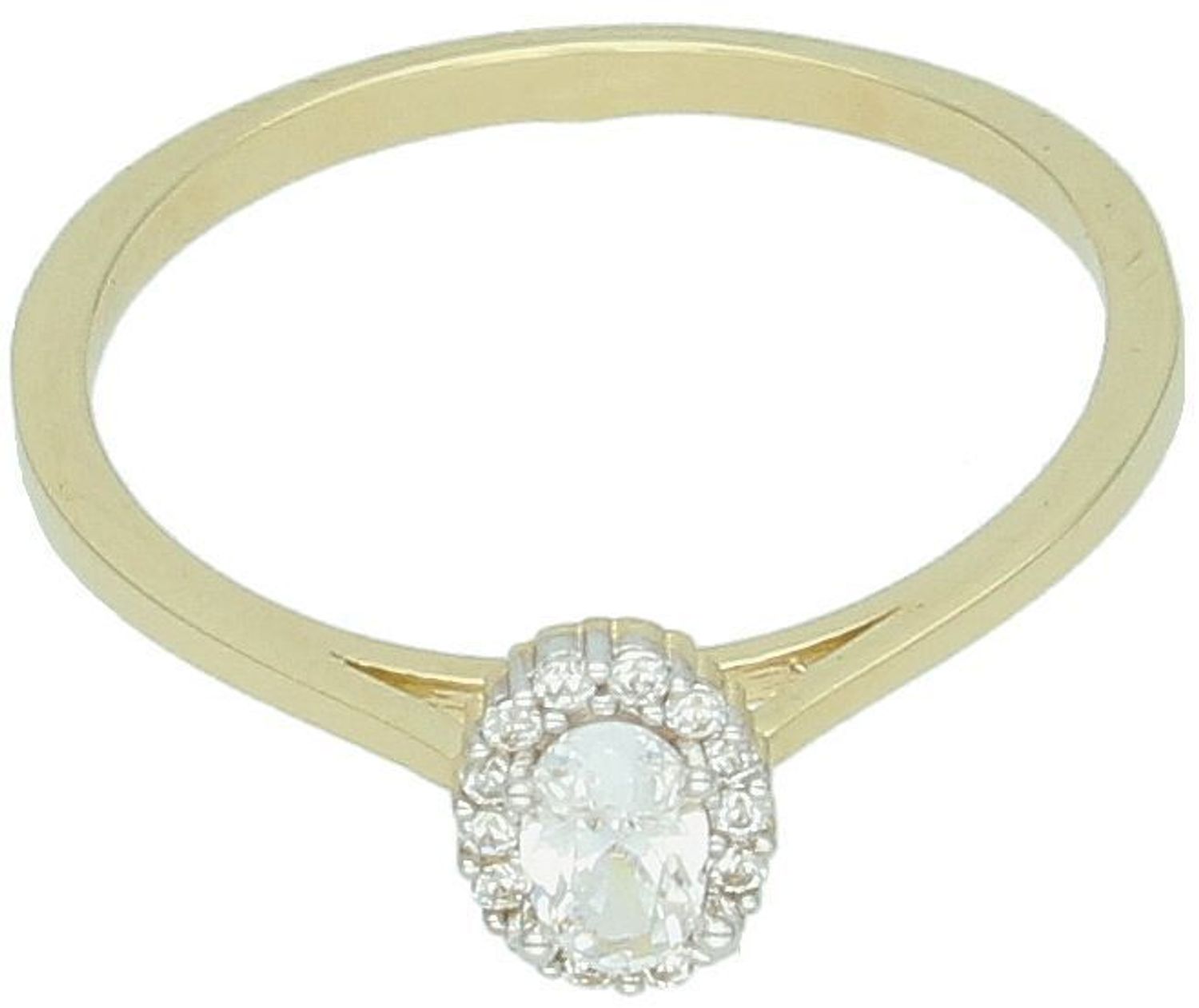 Złoty pierścionek damski DIA-PRS-13294-585 z owalną cyrkonią 7x5 mm. Próba 585, waga około 1,50 g, szerokość szyny 2 mm. Subtelna elegancja na każdą okazję.1.jpg