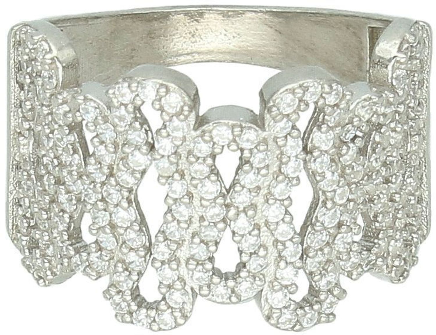 Okazały pierścionek srebrny próby 925 zdobiony białymi cyrkoniami. Szerokość 1,5 cm, waga 4,30 g. Model DIA-PRS-13368-925 – efektowna i elegancka biżuteria damska.1.jpg