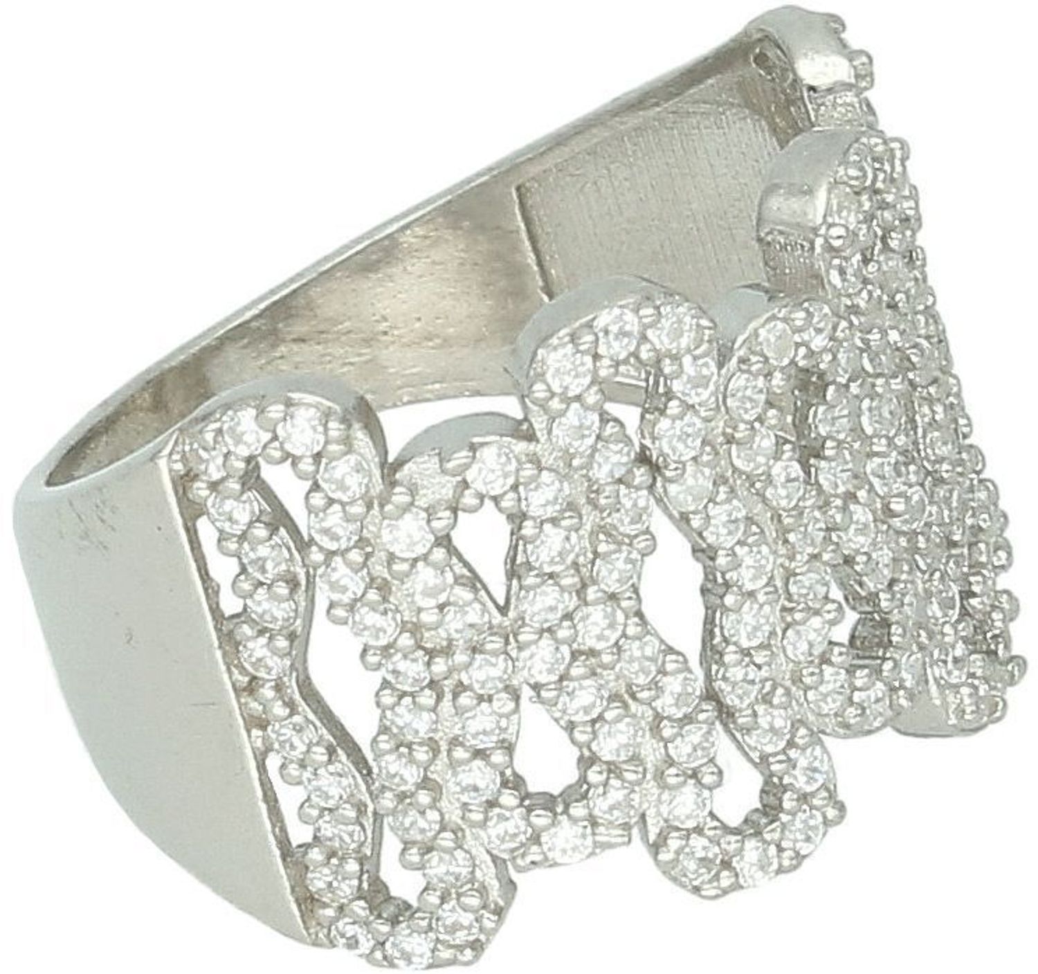 Okazały pierścionek srebrny próby 925 zdobiony białymi cyrkoniami. Szerokość 1,5 cm, waga 4,30 g. Model DIA-PRS-13368-925 – efektowna i elegancka biżuteria damska.1.jpg