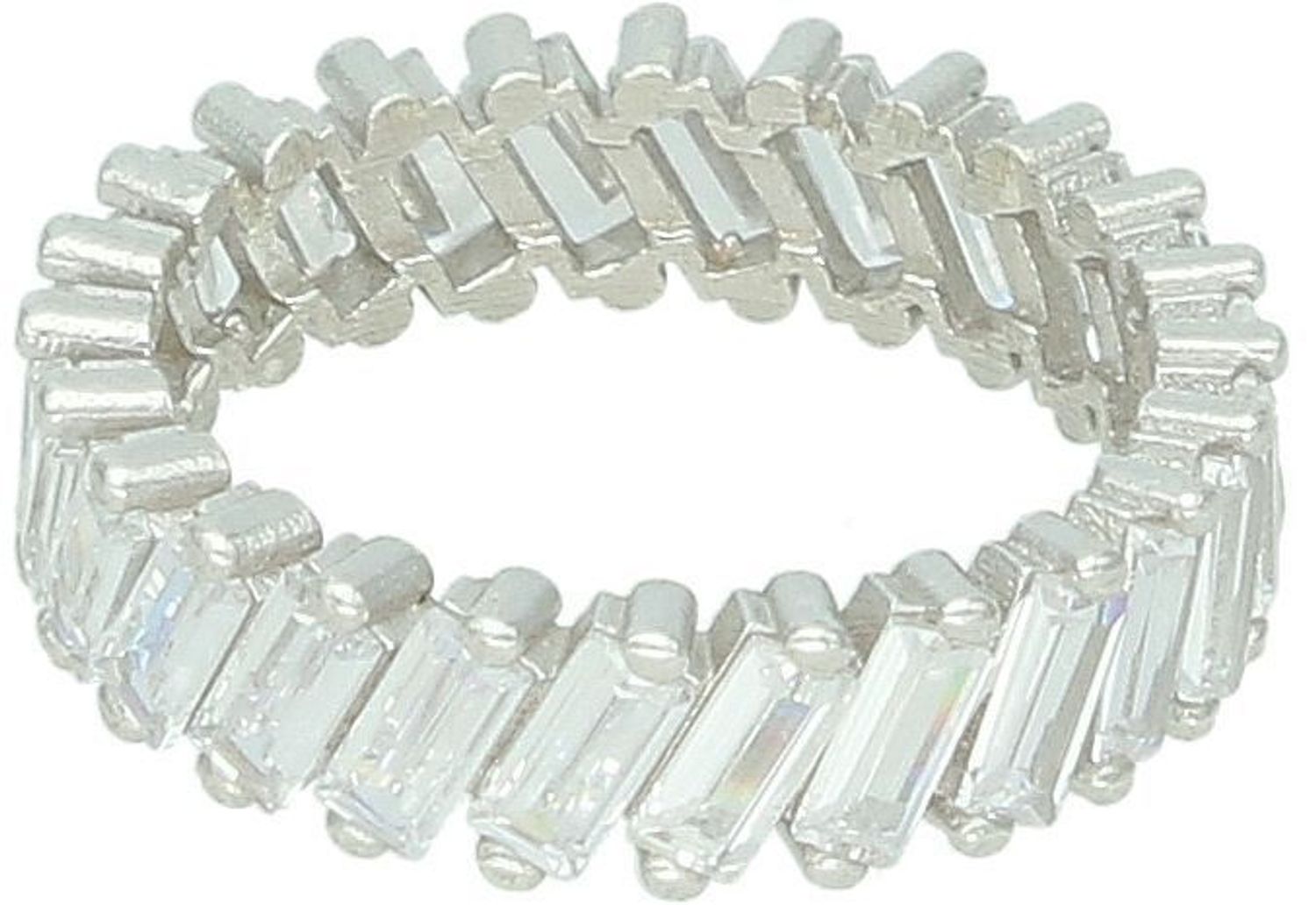 Srebrny pierścionek damski 925 DIA-PRS-13369-925 zdobiony prostokątnymi cyrkoniami dookoła. Szerokość 5 mm, waga 2,90 g. Styl glamour, idealny na co dzień i specjalne okazje.1.jpg