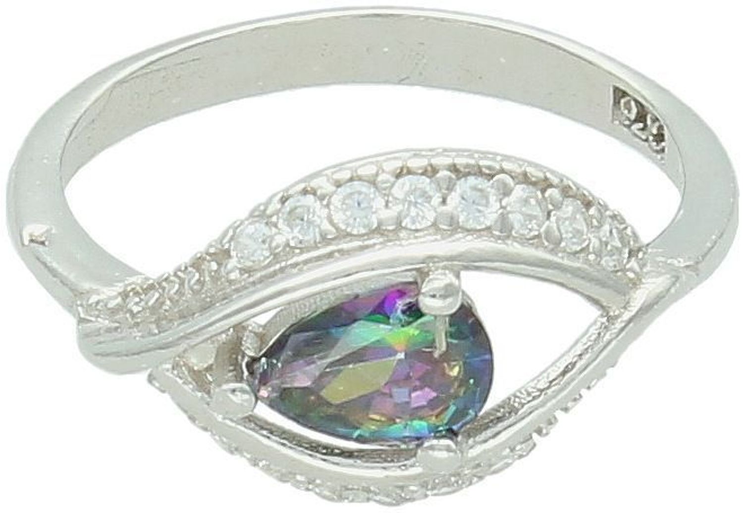 Srebrny pierścionek próby 925 z cyrkonią w kształcie łezki i białymi kamieniami. Subtelna elegancja, waga 2,50 g.1.jpg