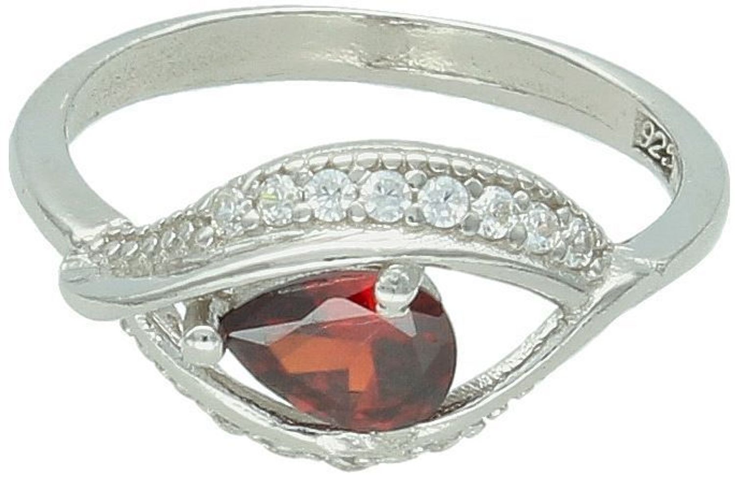 Pierścionek srebrny damski 925 DIA-PRS-13372BORDO-925 z czerwoną cyrkonią w kształcie łezki i białymi kamieniami. Górna część 1 cm, szyna 3 mm, waga 2,60 g. Zmysłowy, elegancki i wyrazisty.1.jpg