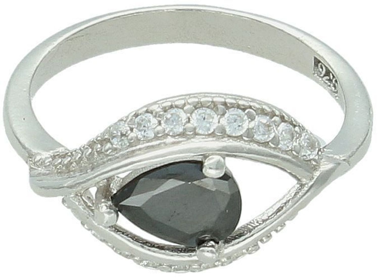 Odkryj srebrny pierścionek damski z czarną cyrkonią i drobnymi białymi kamieniami. Stylowy, lekki (2,50 g), o wymiarach 1,5 x 1,0 cm. Idealny na prezent lub na co dzień!1.jpg