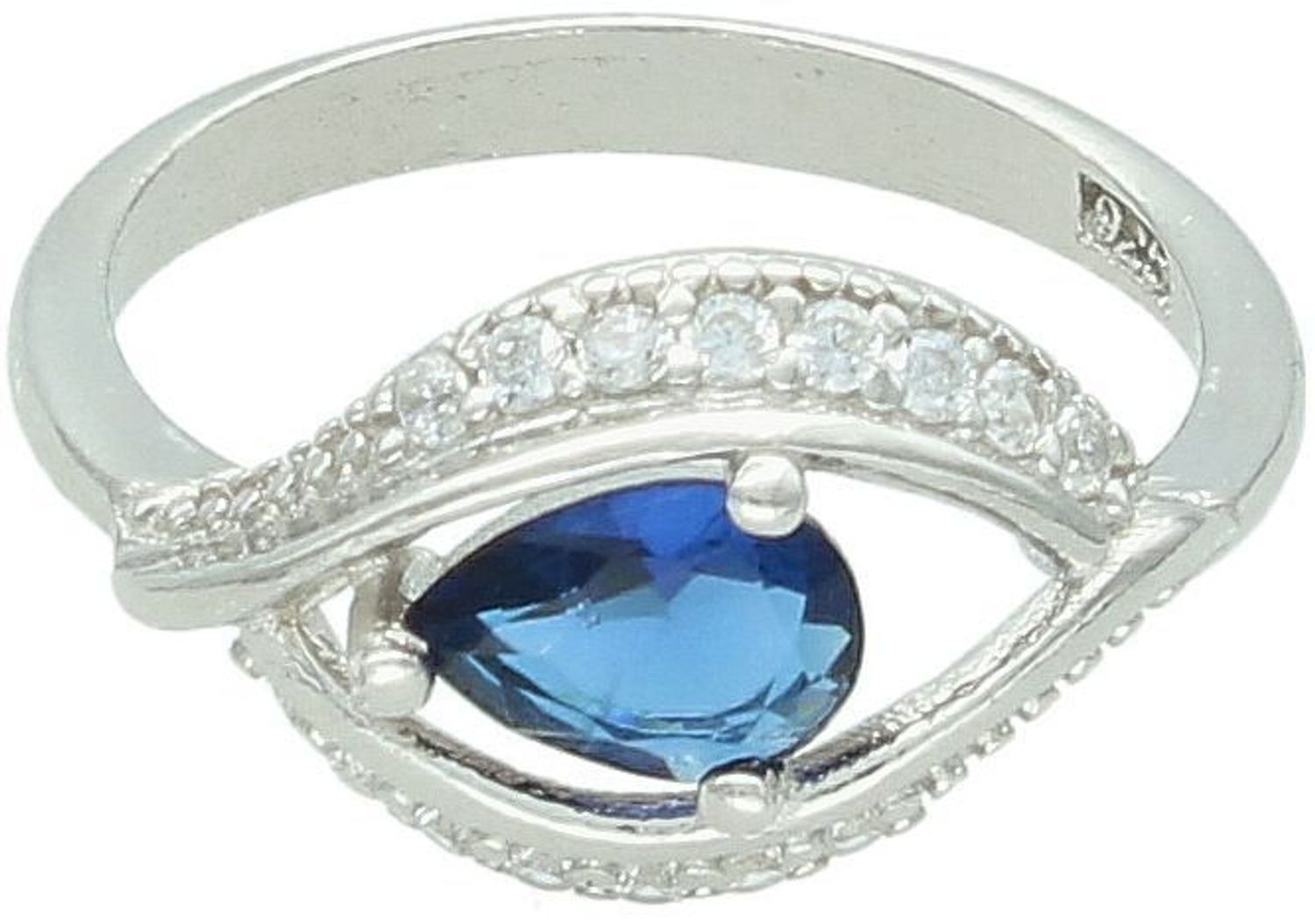 Srebrny pierścionek damski 925 DIA-PRS-13372GRANAT-925 z granatową cyrkonią w kształcie łezki i białymi kamieniami. Ozdobna góra 1 cm, szyna 3 mm, waga 2,50 g. 1.jpg