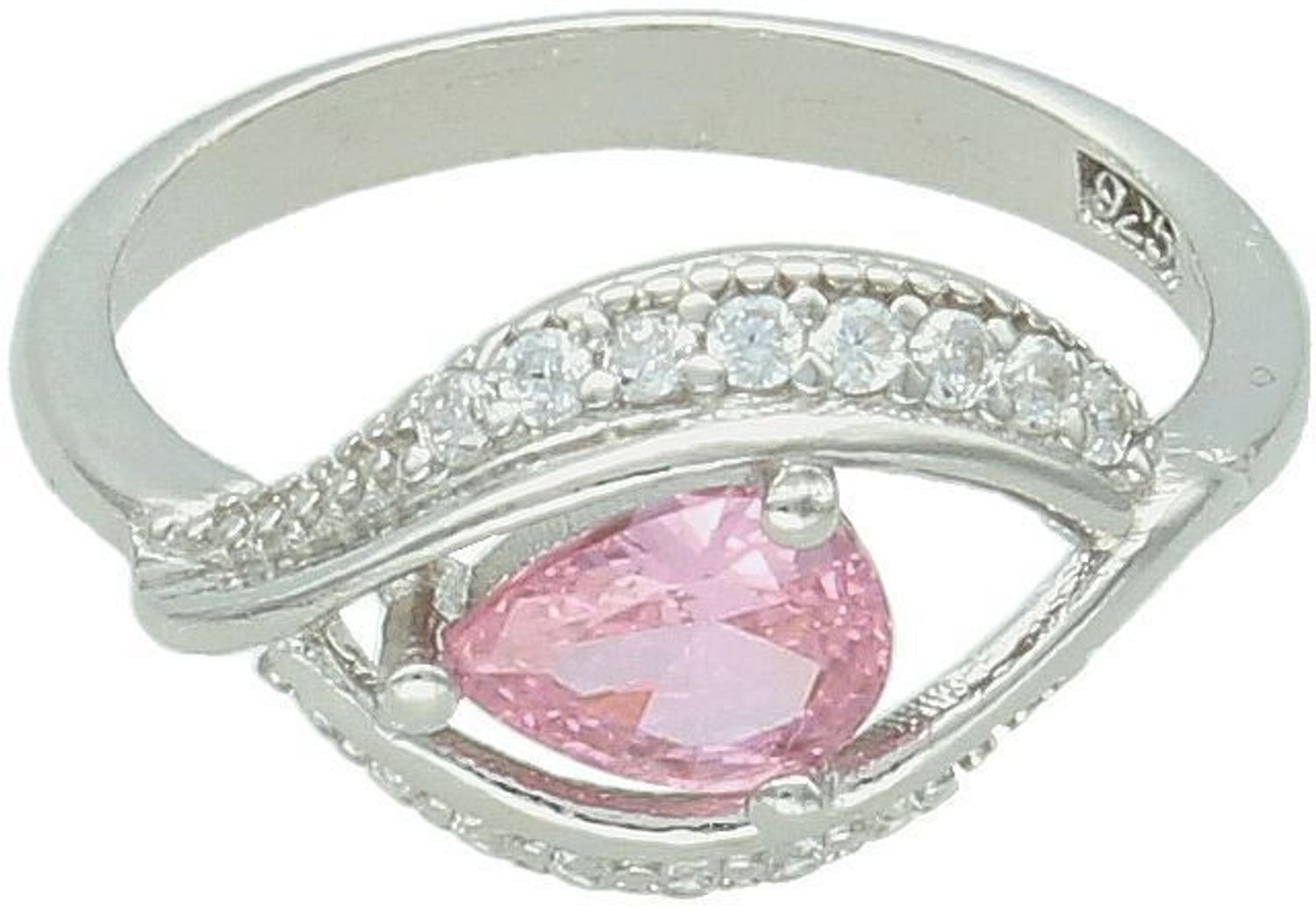 Elegancki srebrny pierścionek z różową i białymi cyrkoniami. Wymiary ozdoby 1,5x1,0 cm, szerokość szyny 2 mm. Model DIA-PRS-13372RÓŻ-925 – subtelny i kobiecy dodatek.1.jpg