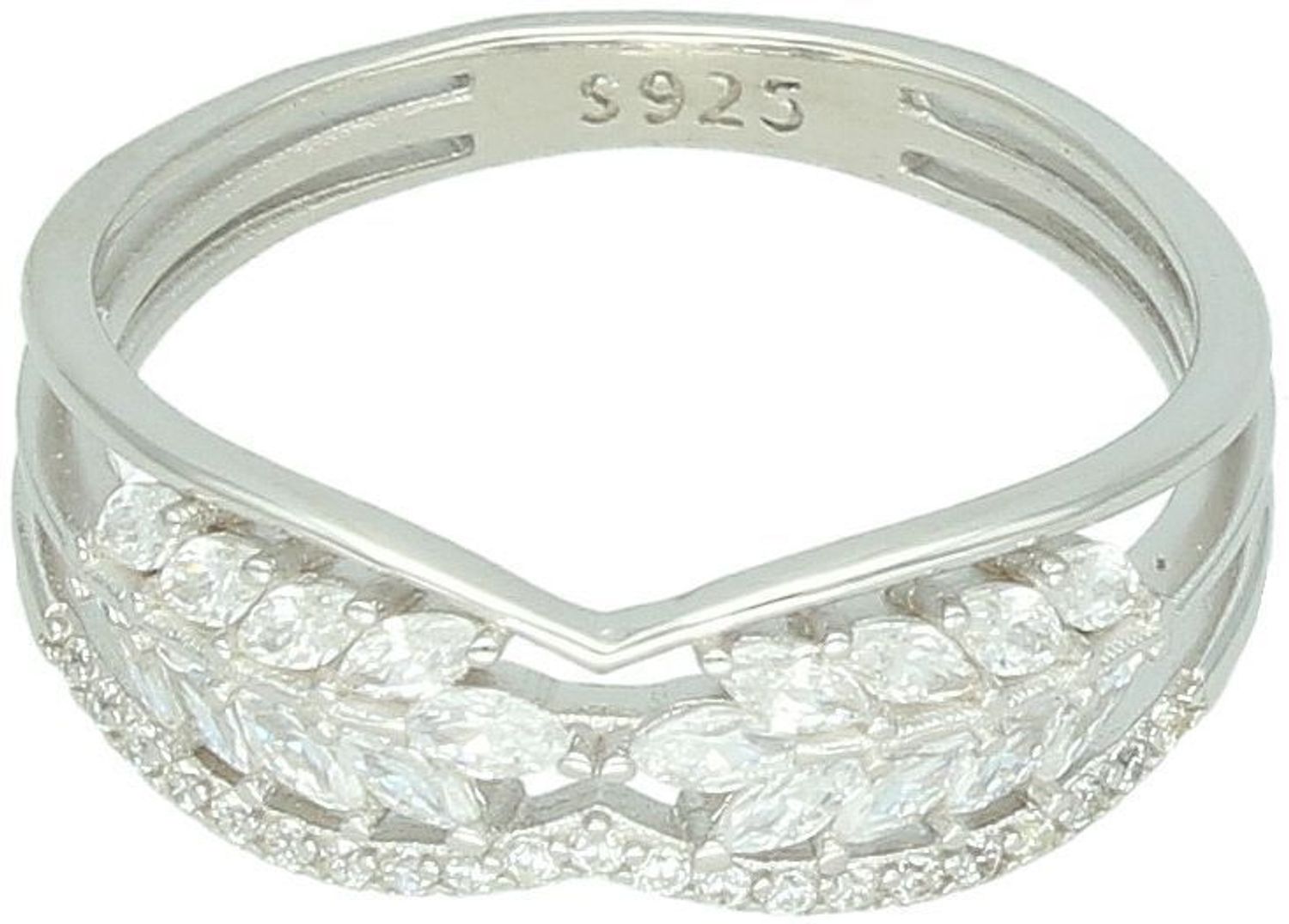 Elegancki pierścionek damski ze srebra próby 925, zdobiony białymi cyrkoniami. Szerokość góry 7 mm, szerokość szyny 3 mm, waga 2,50 g. Model DIA-PRS-13374-925.1.jpg