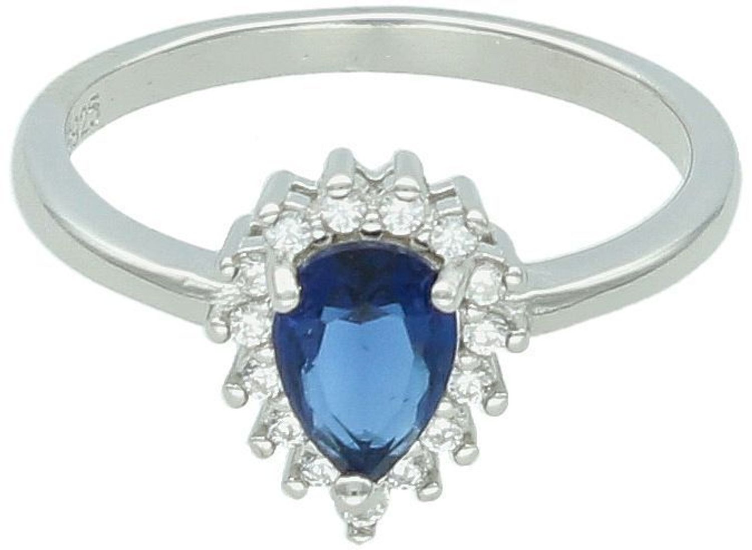 Elegancki pierścionek srebrny 925 DIA-PRS-13375-925 z granatową cyrkonią w kształcie łezki, otoczoną białymi cyrkoniami. Waga 2,30 g, szerokość szyny 2 mm. Idealny na prezent.1.jpg