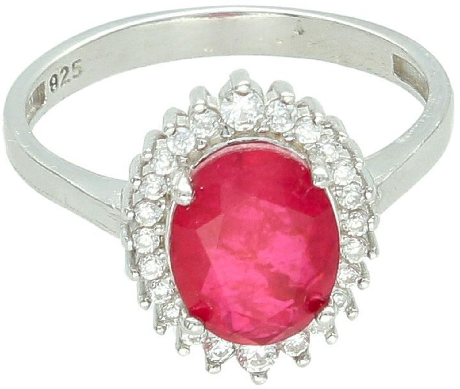 Pierścionek srebrny 925 DIA-PRS-13378-925 z dużą czerwoną cyrkonią i białymi akcentami, element 1,1 × 1,5 cm, szerokość szyny 3 mm, waga 3,60 g. Elegancka biżuteria dla kobiet z charakterem.1.jpg