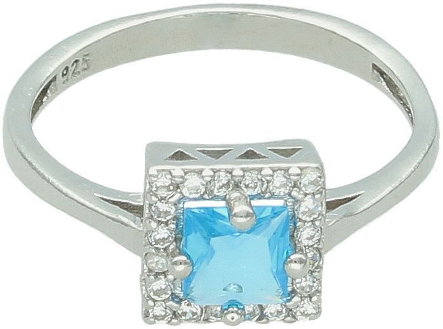 Pierścionek damski srebrny 925 DIA-PRS-13380-925 z błękitną cyrkonią w kwadratowej oprawie i białymi kamieniami. Ozdoba 8 × 8 mm, szyna 3 mm, waga 2,30 g. Elegancki i nowoczesny.1.jpg