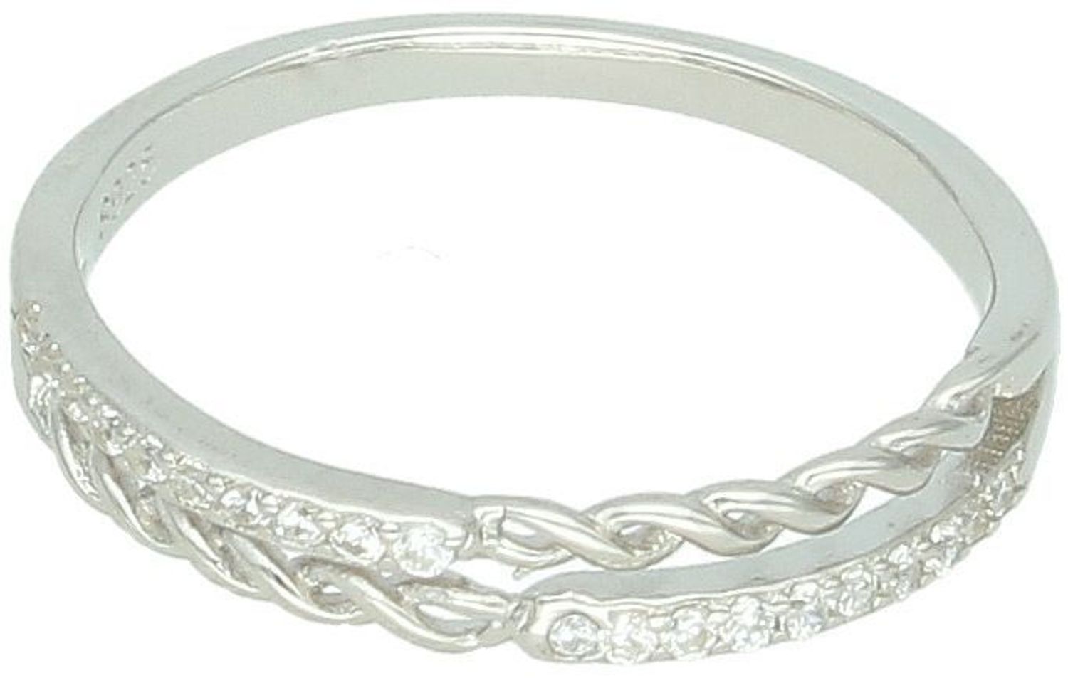 Lekki srebrny pierścionek próby 925 zdobiony cyrkoniami. Szerokość góry 3 mm, szyny 2 mm, waga 1,70 g. Model DIA-PRS-13382-925 – subtelna i elegancka biżuteria na każdy dzień.1.jpg