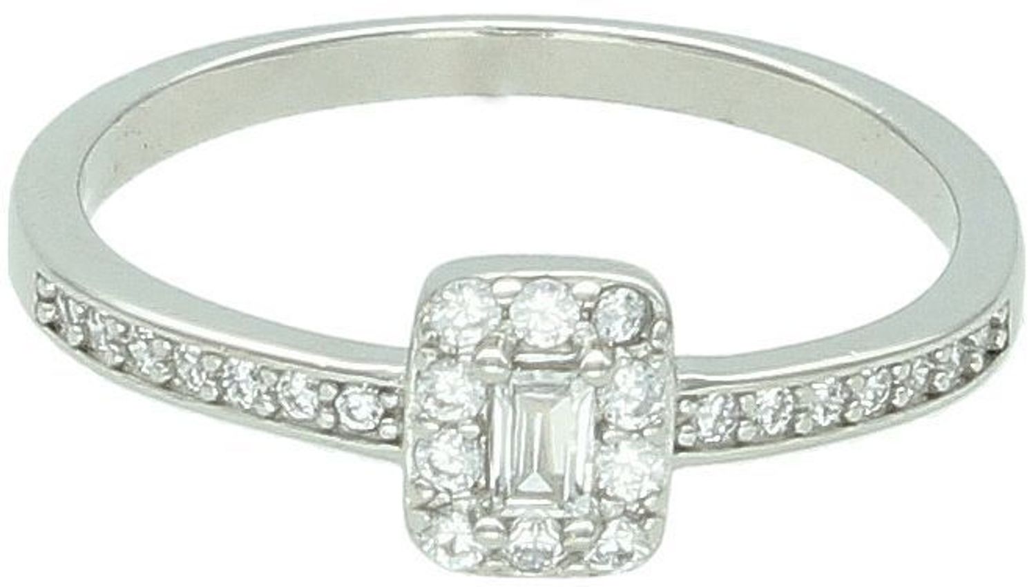 Pierścionek damski srebrny 925 DIA-PRS-13389-925 z prostokątnym elementem 6x5 mm wysadzanym cyrkoniami. Szerokość szyny 2 mm, waga 1,80 g. Subtelna i elegancka biżuteria.1.jpg