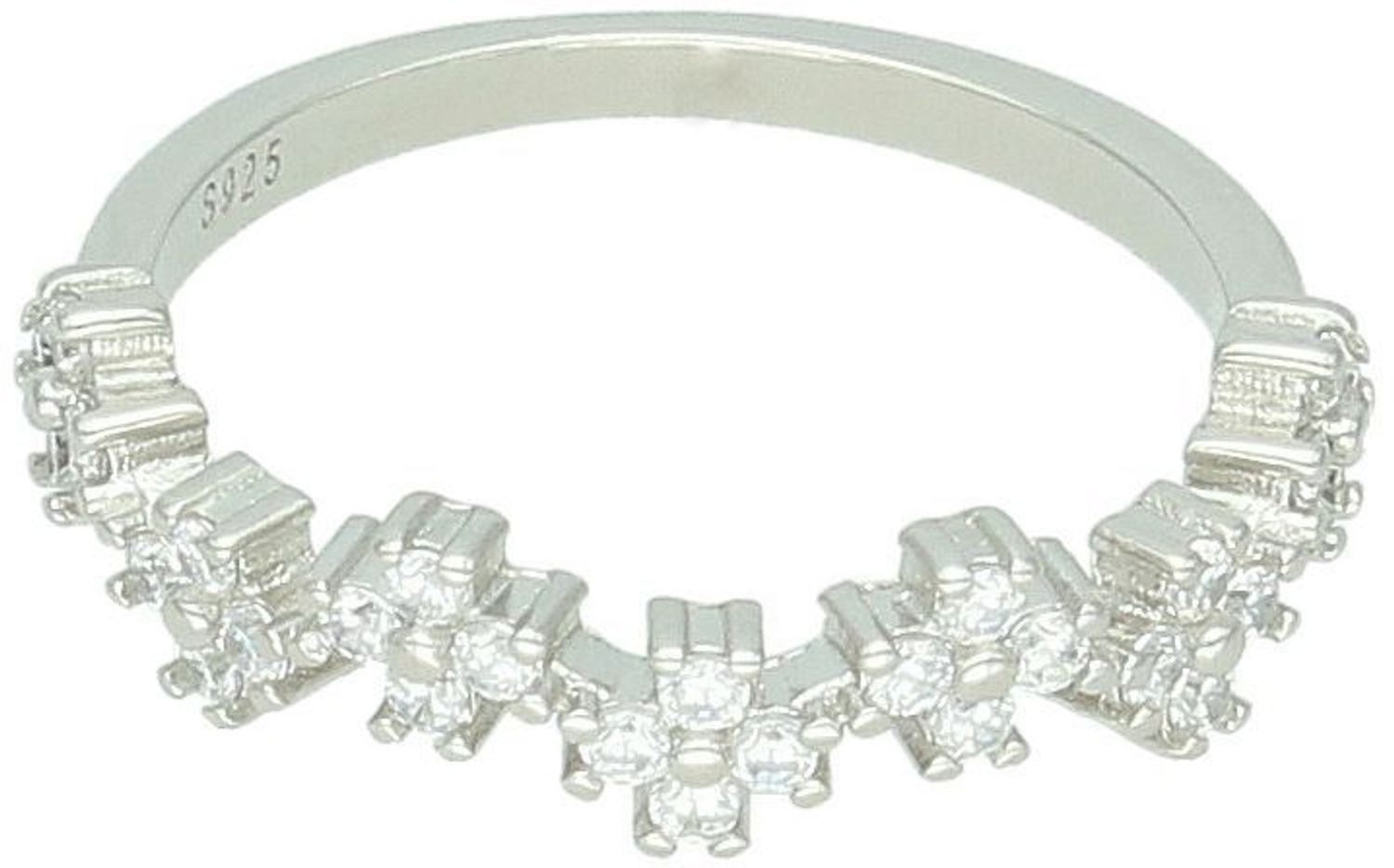 Srebrny pierścionek damski 925 DIA-PRS-13390-925 z siedmioma kwiatkami ozdobionymi cyrkoniami. Szerokość 4 mm, szyna 2 mm, waga 1,90 g. Subtelna i kobieca ozdoba dłoni.1.jpg