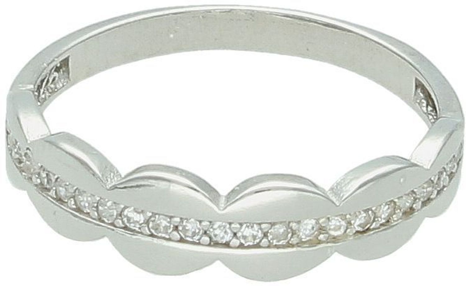 Delikatny pierścionek srebrny próby 925, zdobiony cyrkoniami. Górna szerokość 5 mm, dolna 2 mm, waga 1,80 g. Model DIA-PRS-13478-925 – kobiecy i elegancki.1.jpg