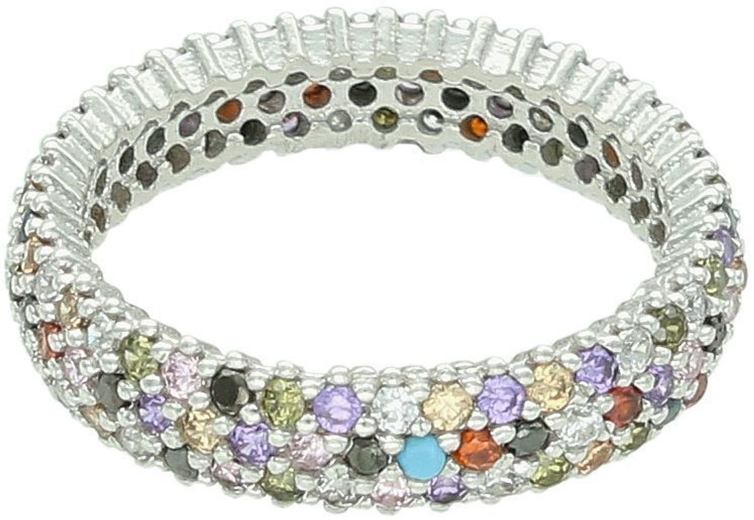 Elegancki srebrny pierścionek damski próby 925 o szerokości 5 mm, zdobiony kolorowymi cyrkoniami. Waga 4,10 g. Idealny na prezent – piękne wykonanie i blask!1.jpg