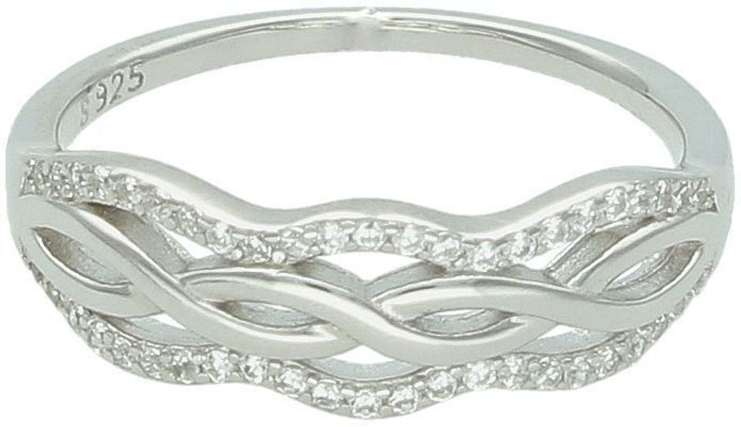 Srebrny pierścionek próby 925 o nieregularnym kształcie z cyrkoniami. Elegancki i oryginalny design. Waga 2,30 g.1.jpg