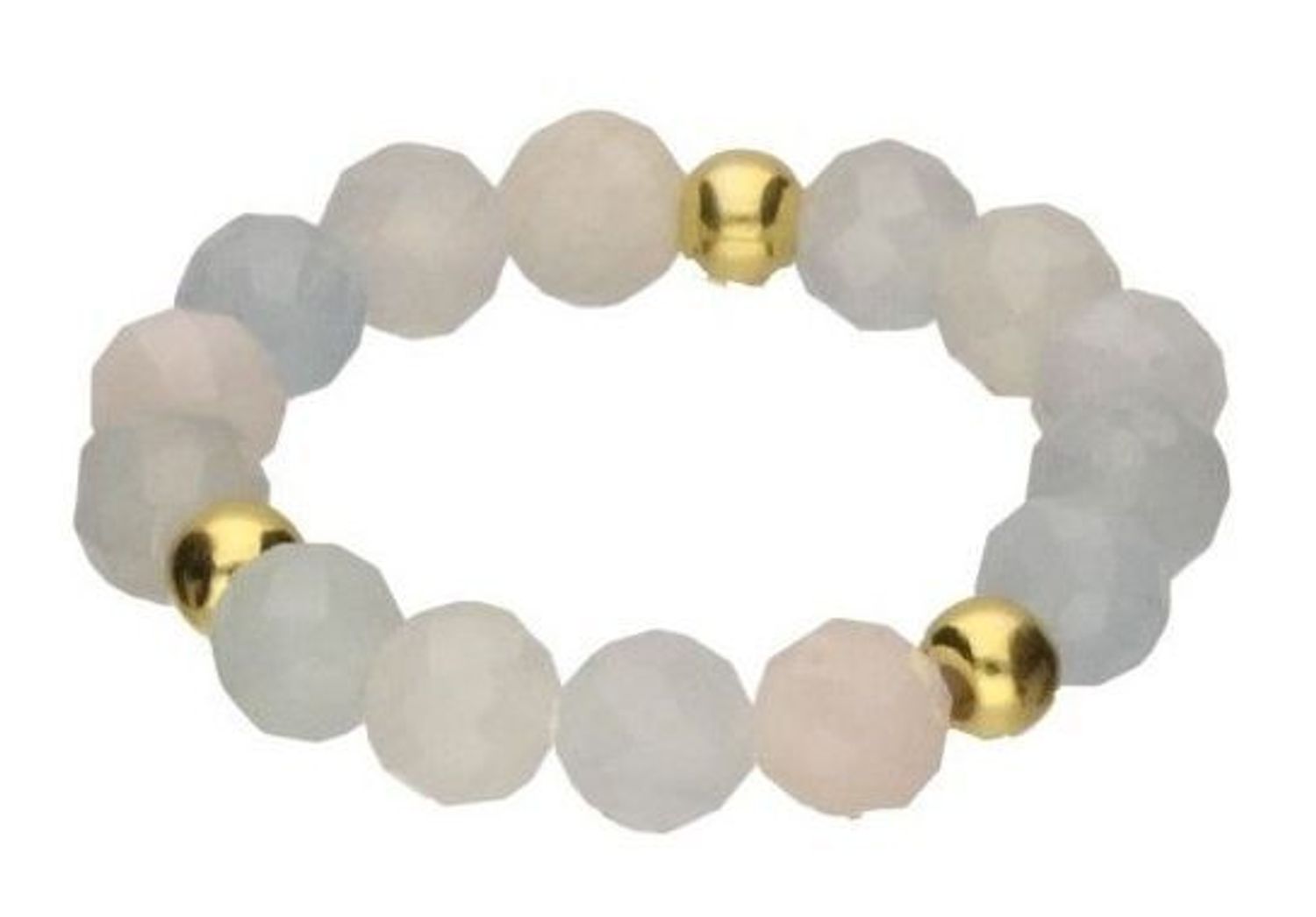 Ręcznie wykonany pierścionek z fasetowanego morganitu – kryształu boskiej miłości. Elastyczna żyłka jubilerska, srebro próby 925 pozłacane 24K złotem. Subtelny, 1.jpg