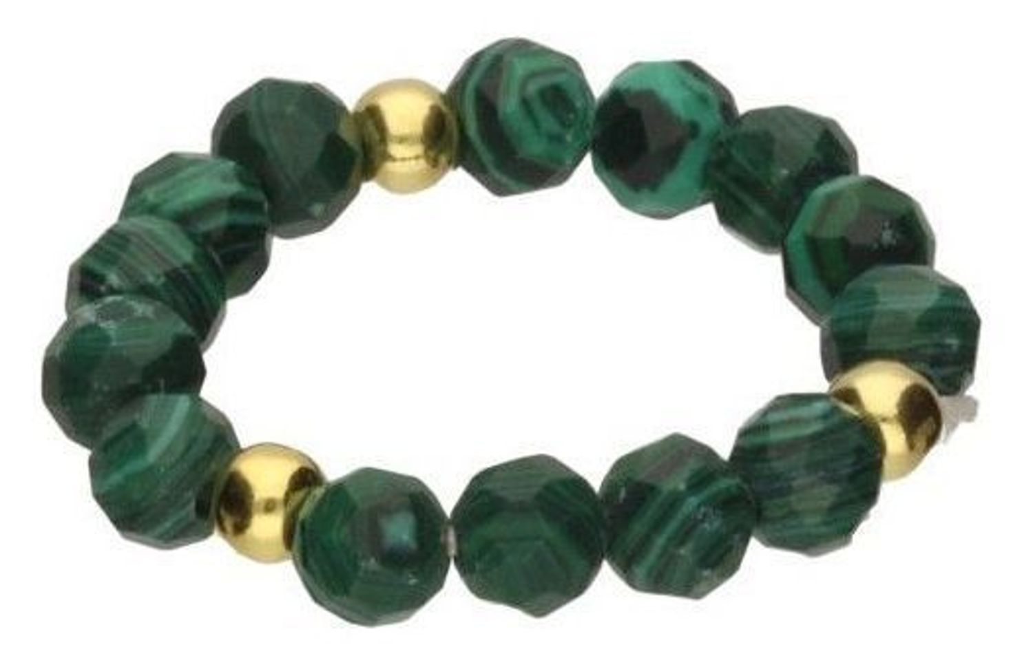 Pierścionek z fasetowanego malachitu na elastycznej żyłce jubilerskiej. Model DIA-PRS-13819-925 ze srebra 925 pozłacanego 24K złotem. Naturalna równowaga i elegancja.1.jpg