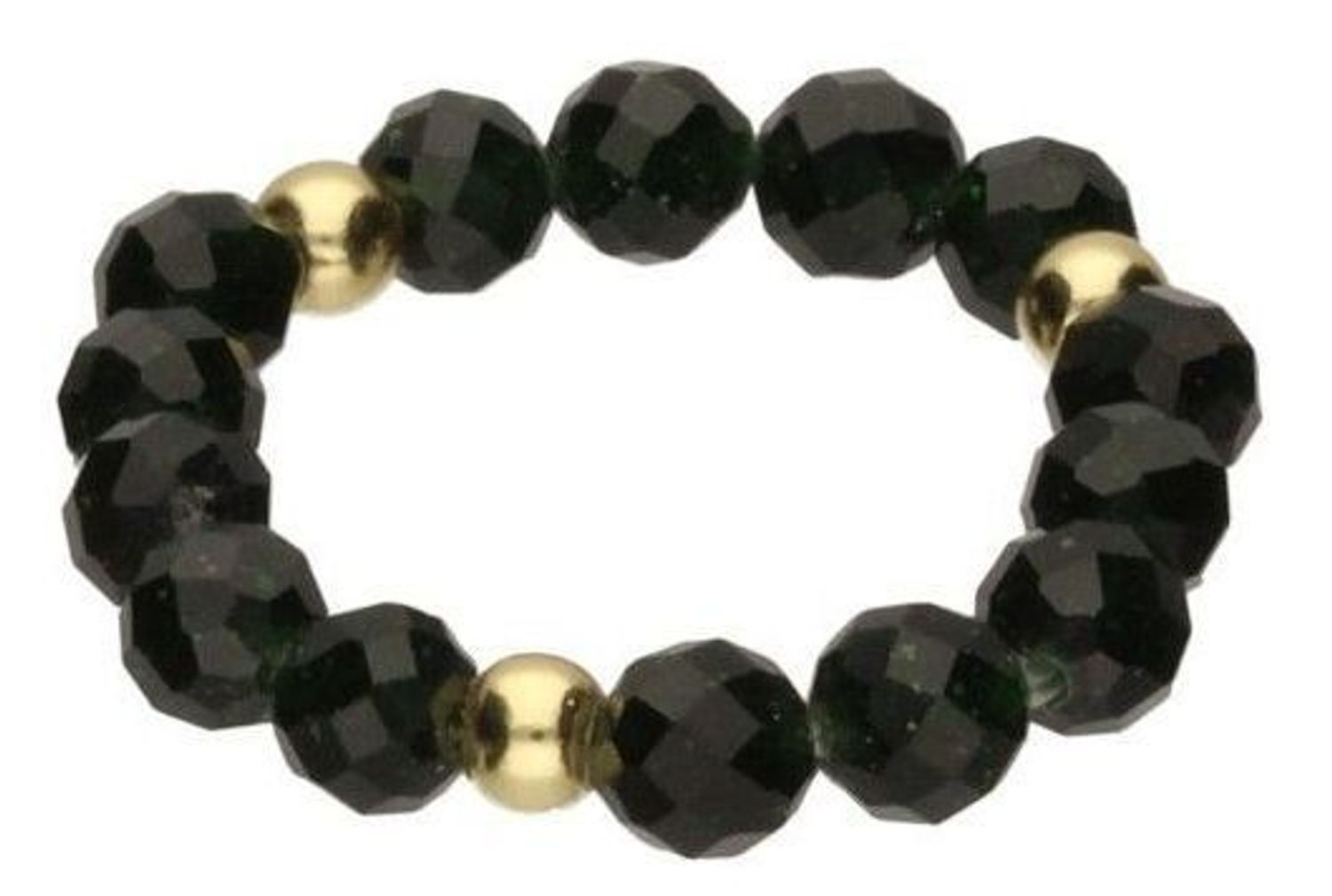 Ręcznie wykonany pierścionek z fasetowanego zielonego piaskowca, na elastycznej żyłce jubilerskiej. Detale ze srebra 925 pozłacanego 24K złotem. Uspokaja, łagodzi lęki, 1.jpg