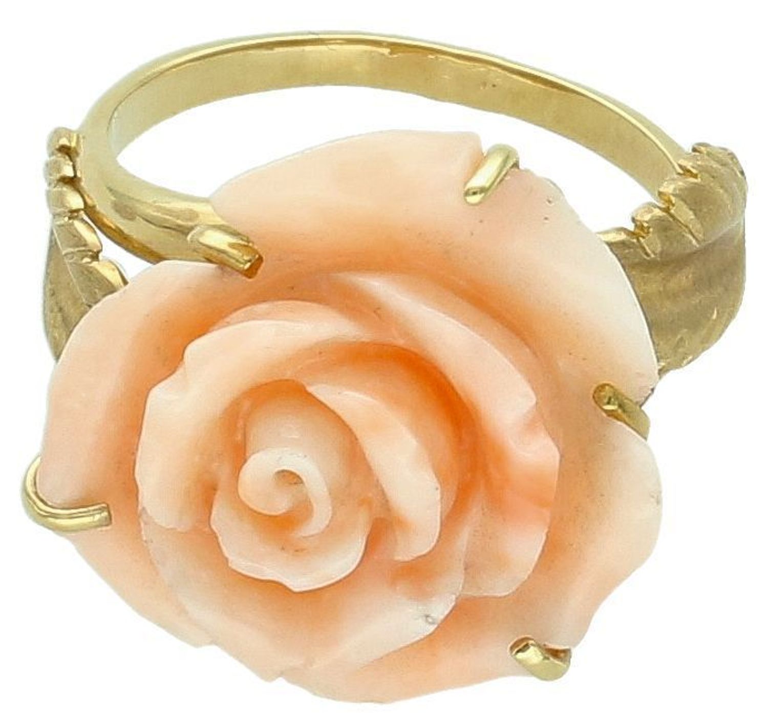 Złoty pierścionek piękna Róża z korala próba 585 rozmiar 19, DIA-PRS-1391-585. Wspaniały pierścionek z żółtego złota o próbie 585, który zachwyca unikalnym, kwiatowym designem. 11.jpg