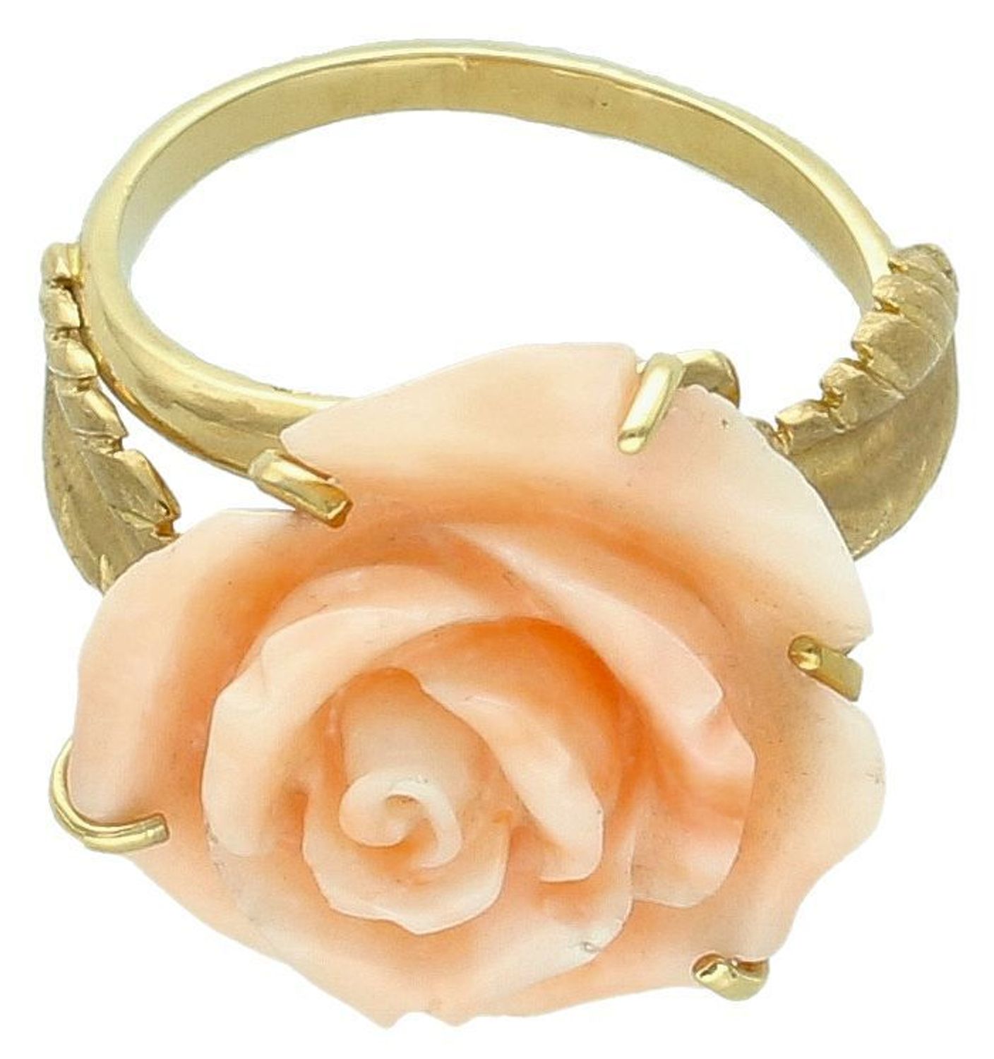 Złoty pierścionek piękna Róża z korala próba 585 rozmiar 19, DIA-PRS-1391-585. Wspaniały pierścionek z żółtego złota o próbie 585, który zachwyca unikalnym, kwiatowym designem. 11.jpg