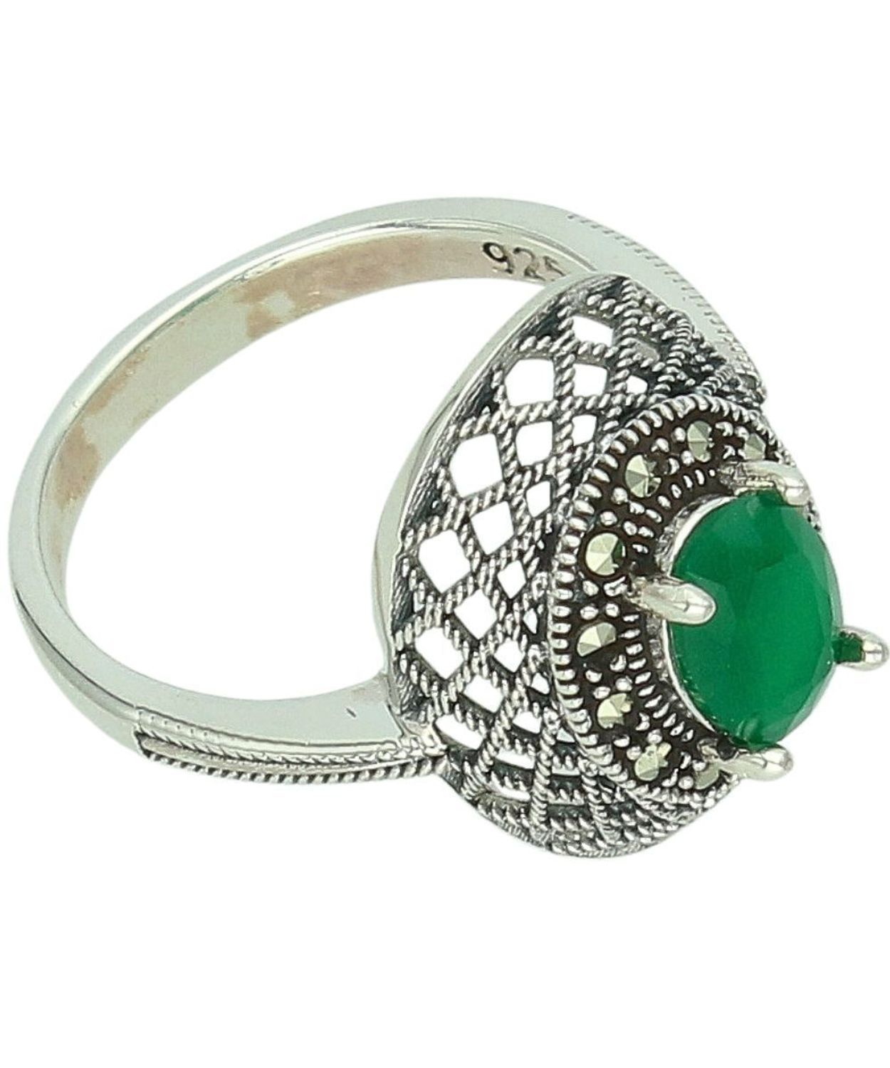 Srebrny pierścionek oksydowany z syntetycznym szmaragdem i markazytami DIA-PRS-14104-925 (2)ddf.jpg