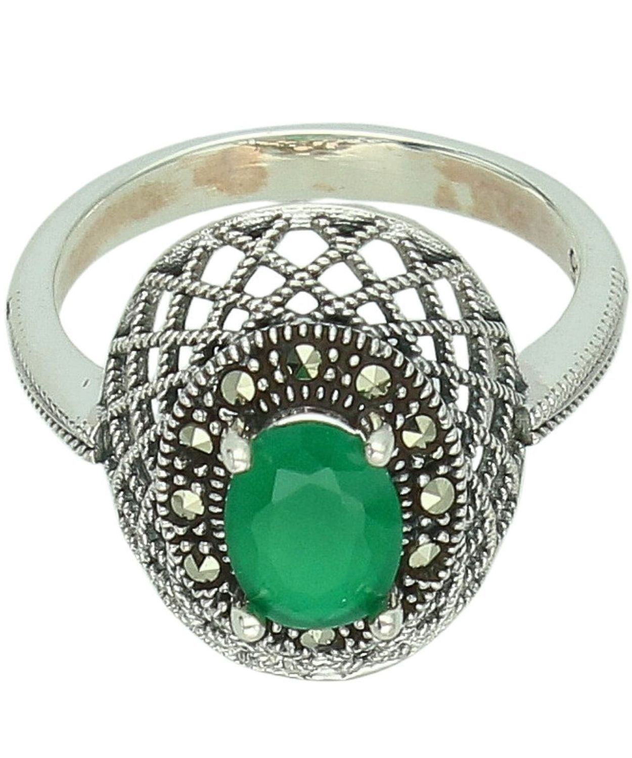 Srebrny pierścionek oksydowany z syntetycznym szmaragdem i markazytami DIA-PRS-14104-925 (2)ddf.jpg