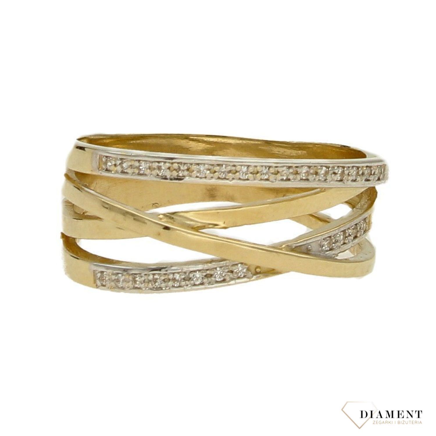 Szeroki złoty pierścionek 585 plecionka z cyrkoniami DIA-PRS-1777-585.jpg