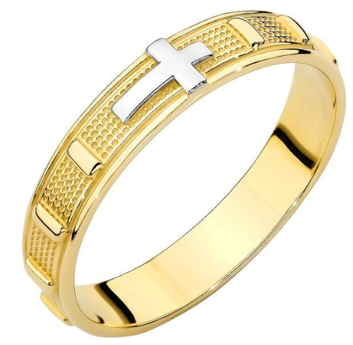 Złoty pierścionek obrączka 585 z motywem różańca i krzyżem z białego złota.jpg