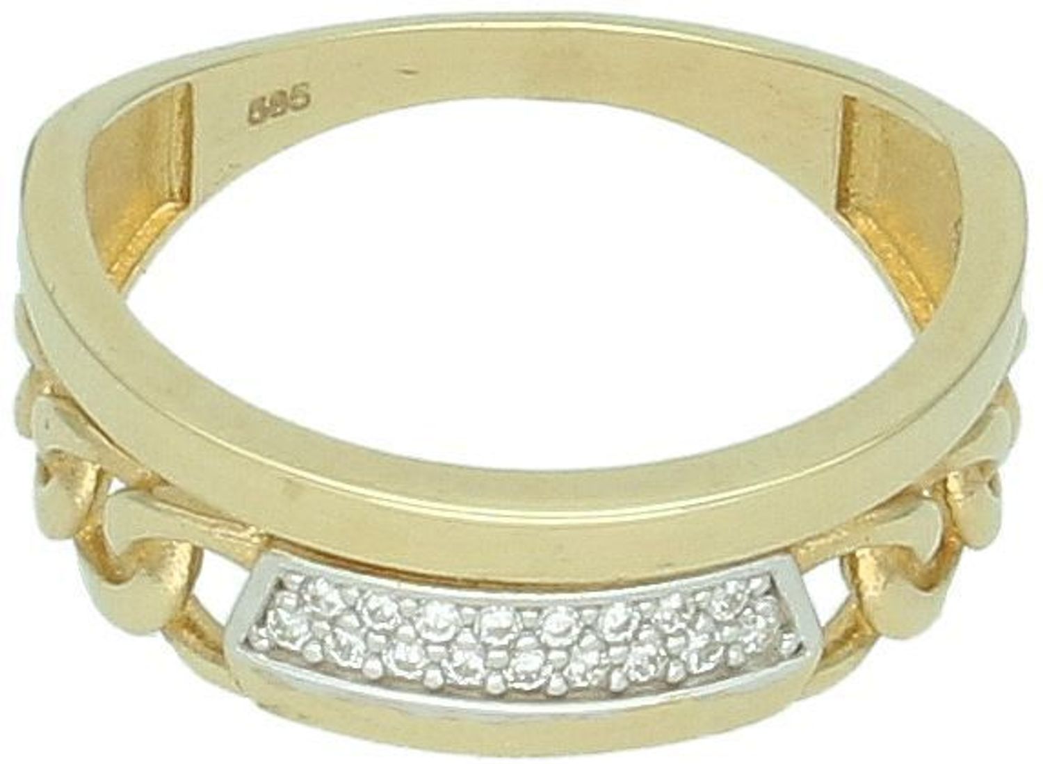 Złoty pierścionek damski próba 585, model DIA-PRS-2672-585. Szeroki, zdobiony cyrkoniami i wzorem pancerki. 2,81 g, szerokość góry 7 mm, 1.jpg