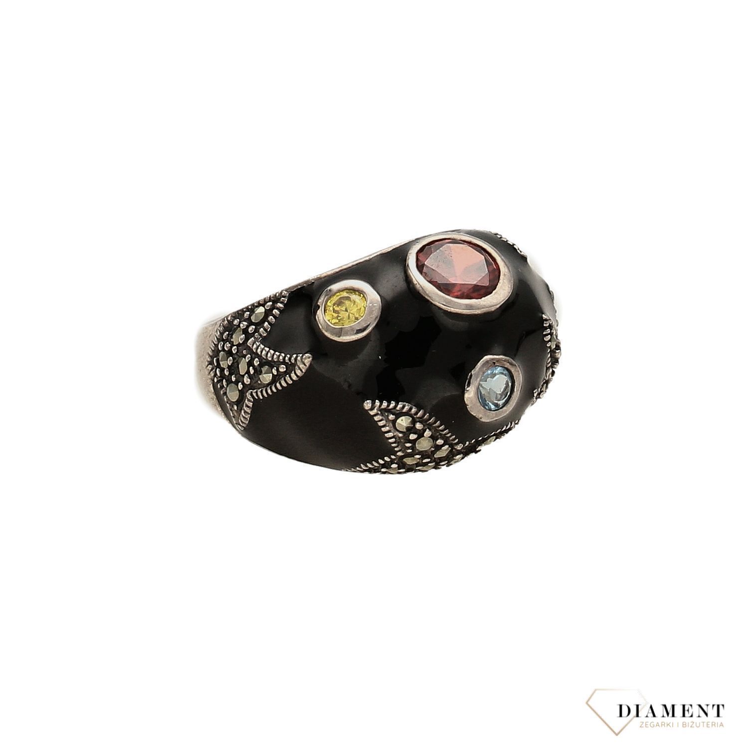 Srebrny pierścionek z czarna emalią, kolorową cyrkonia i markazytami DIA-PRS-3287-925.jpg