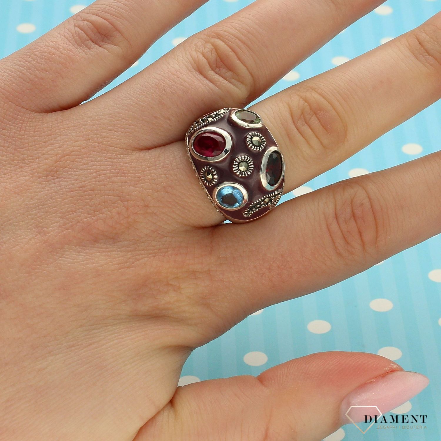 Srebrny pierścionek fioletowa emalia, kolorowa cyrkonia i markazyty DIA-PRS-3292-925.jpg