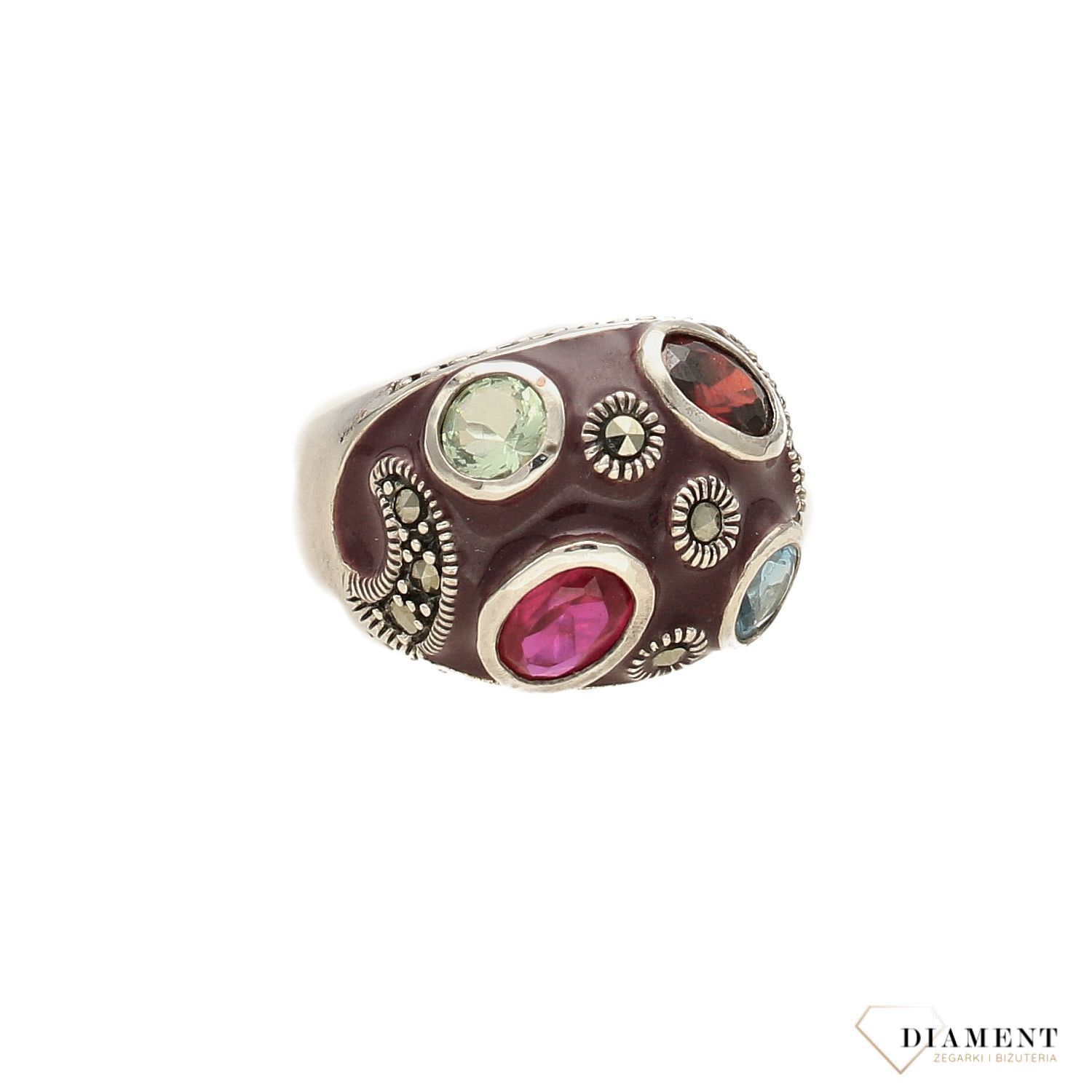 Srebrny pierścionek fioletowa emalia, kolorowa cyrkonia i markazyty DIA-PRS-3292-925.jpg