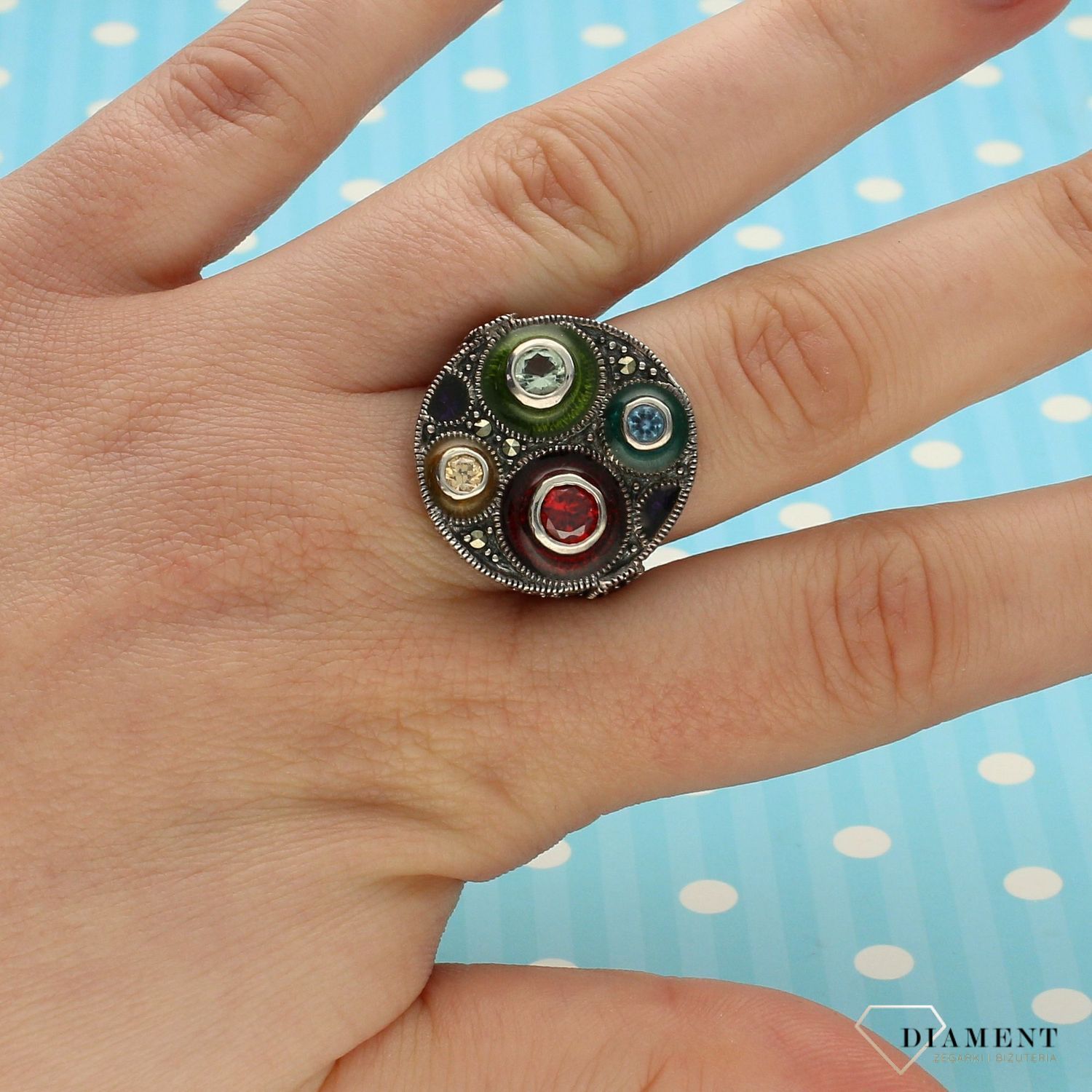 Srebrny pierścionek szeroki z markazytami i kolorową cyrkonią DIA-PRS-3294-925.jpg