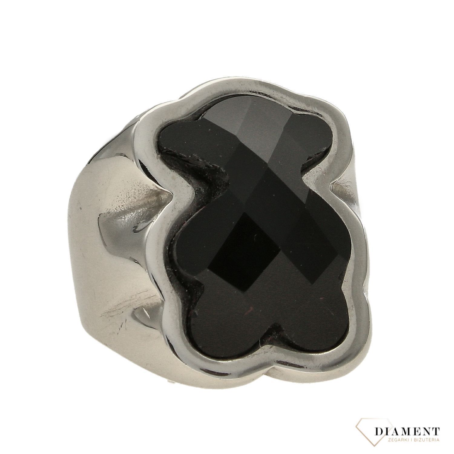 Szeroki, stalowy pierścionek z ozdobnym czarnym misiem TiOUS DIA-PRS-3321-STAL.jpg