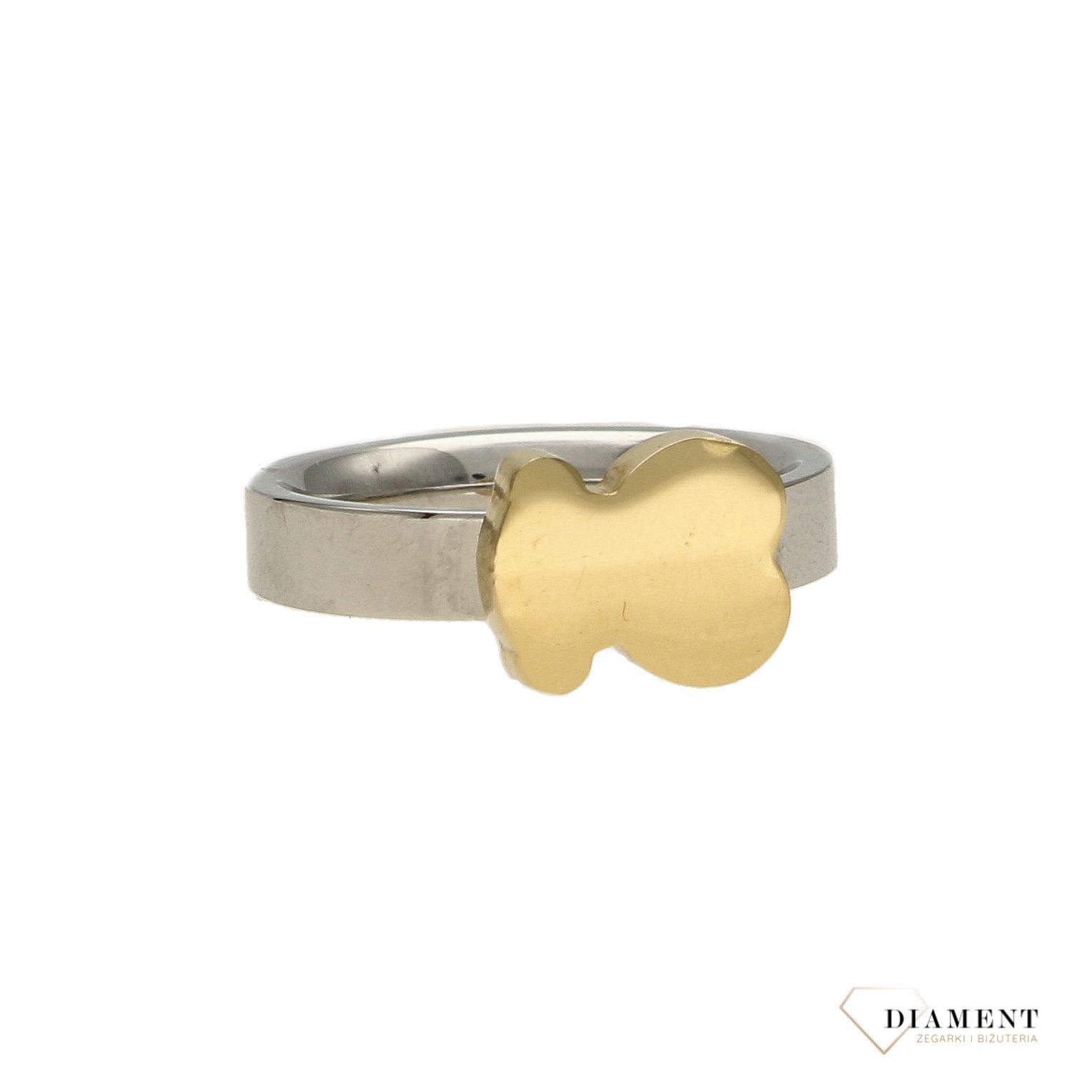 Stalowy pierścionek srebrna obrączka z pozłacanym misiem DIA-PRS-3330-STAL (2).jpg
