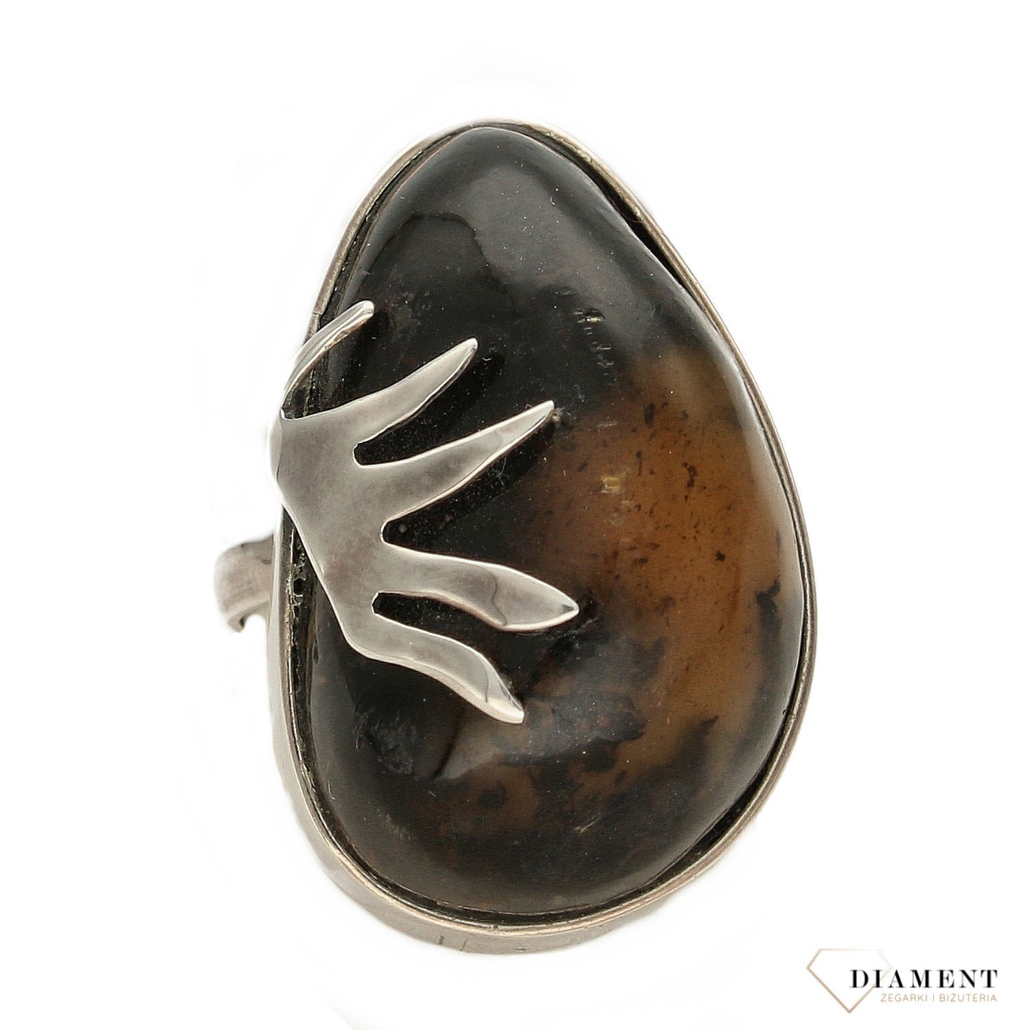 Srebrny pierścionek brązowy bursztyn z ozdobnym wzorem DIA-PRS-3414-925 (1).jpg