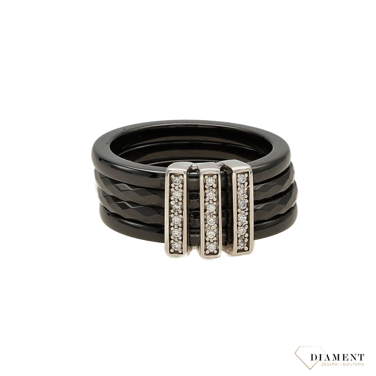 Pierścionek czarna ceramika trzy wzory z cyrkonią DIA-PRS-3619-925.jpg