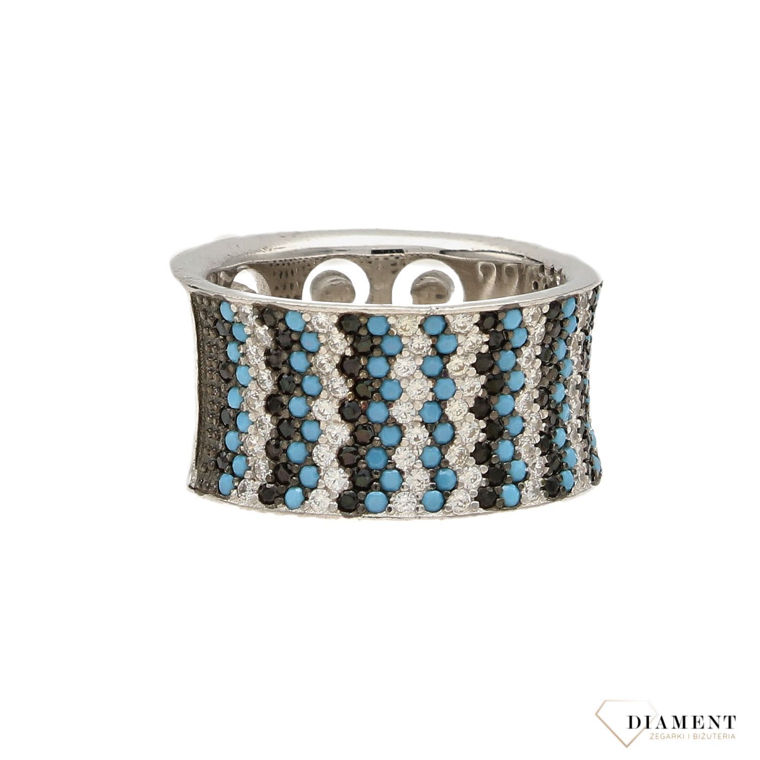 Srebrny pierścionek szeroka obrączka z turkusem i cyrkonią DIA-PRS-3626-925.jpg