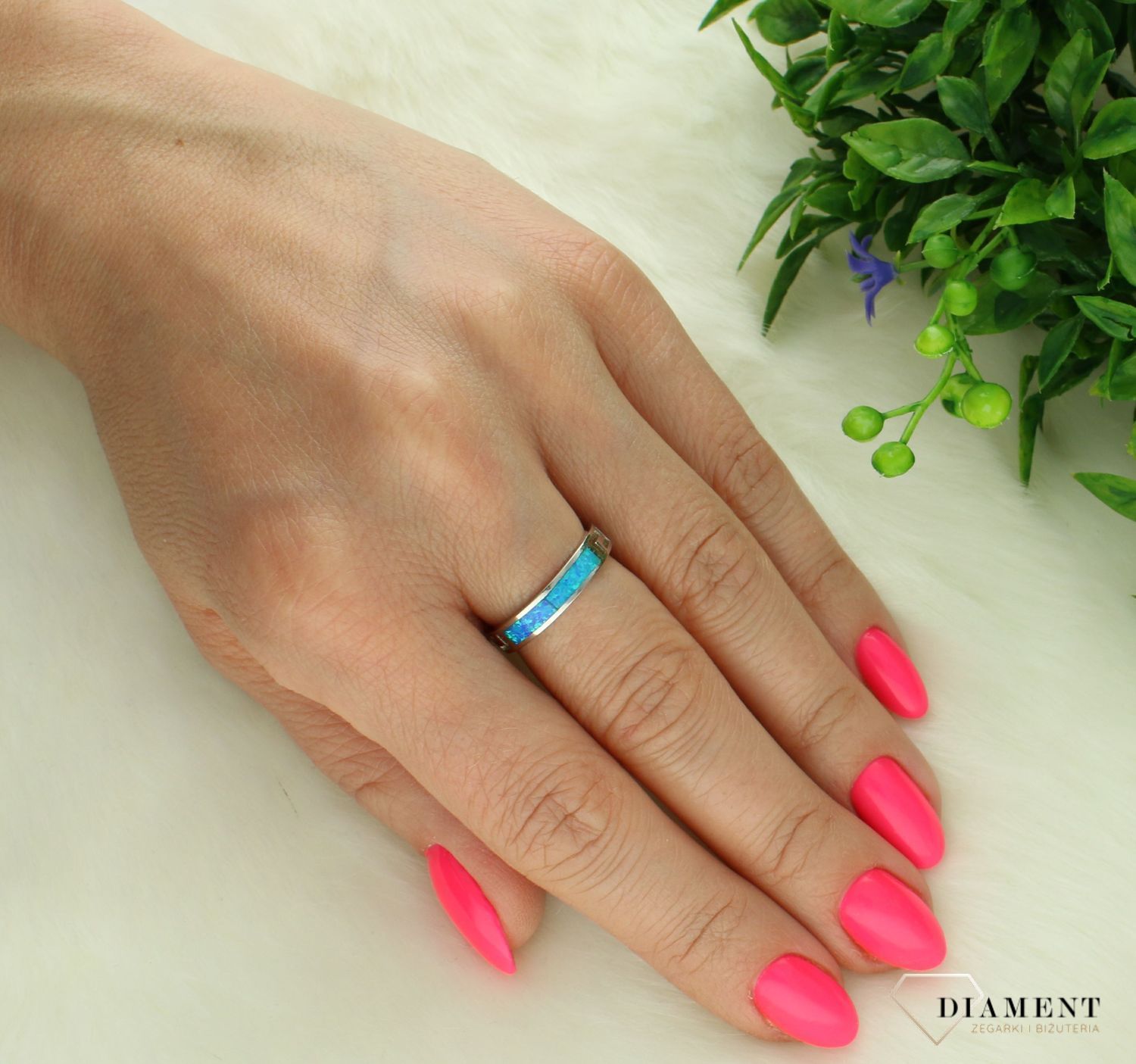 Pierścionek srebrny 925 obrączka wzór grecki z niebieskim opalem rozmiar 11 DIA-PRS-3895-925 (1).jpg