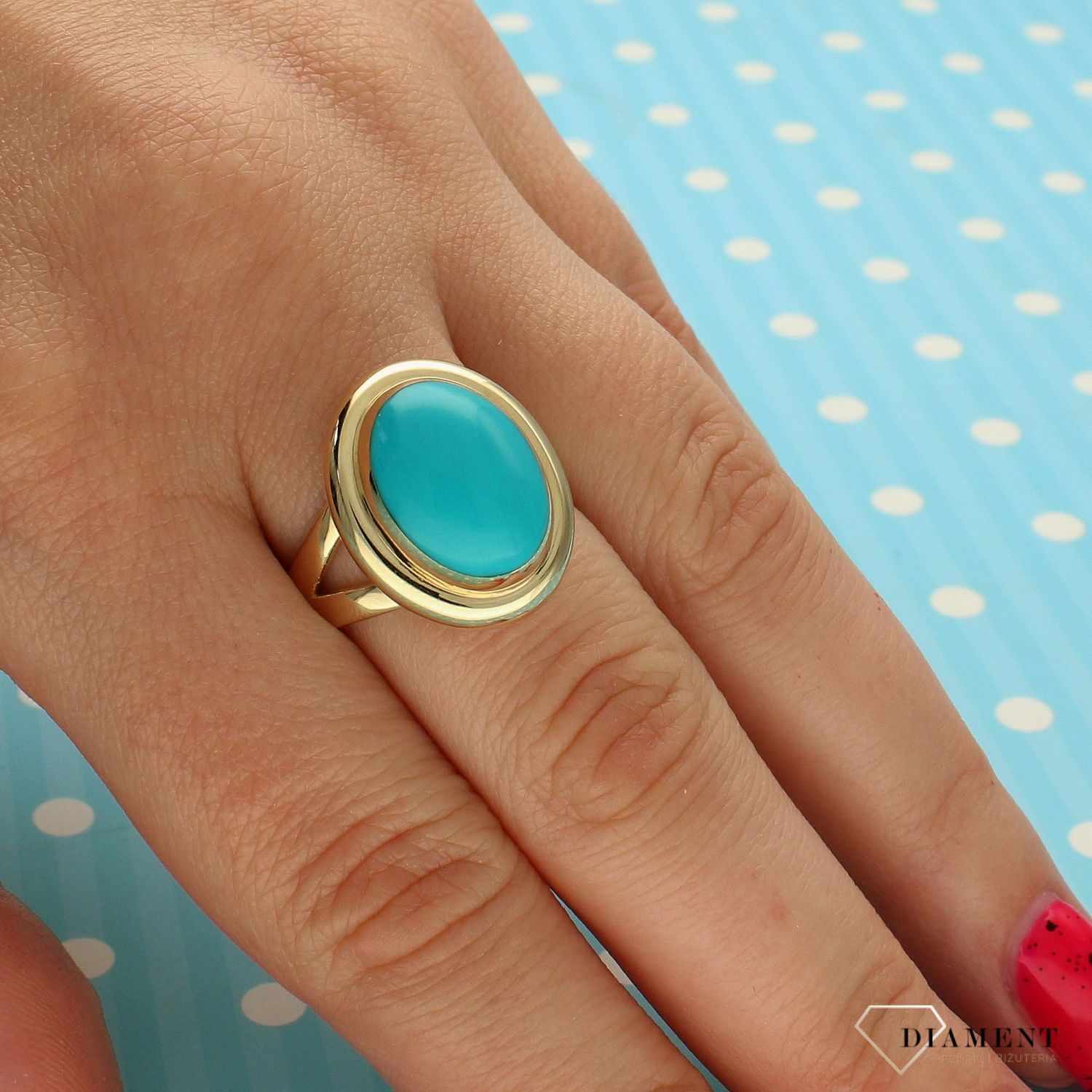 Złoty pierścionek z dodatkiem w turkusowym kolorze DIA-PRS-4278-585 (1).jpg