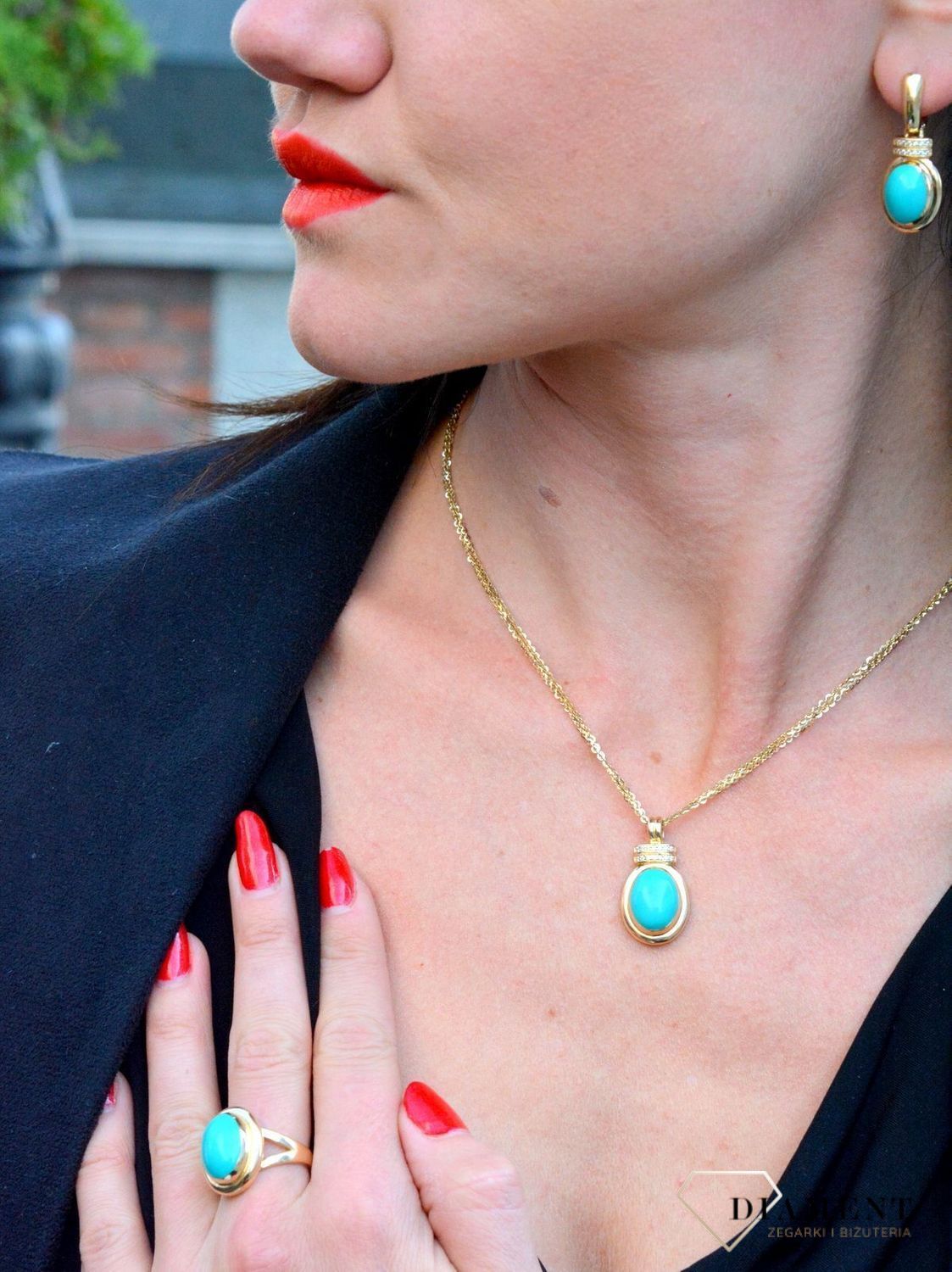 Złoty pierścionek z dodatkiem w turkusowym kolorze DIA-PRS-4278-585 (1).jpg