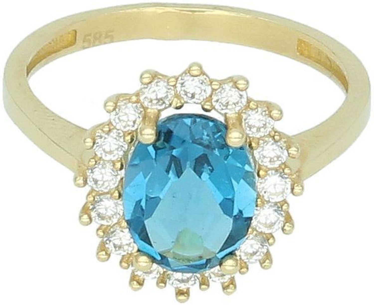 Złoty pierścionek damski DIA-PRS-4289-585 z dużą niebieską cyrkonią i białymi cyrkoniami. Próba 585, waga 2,68 g, rozmiar 15, ozdoba 1,1 x 1,3 cm. Efektowna biżuteria na każdą okazję!1.jpg