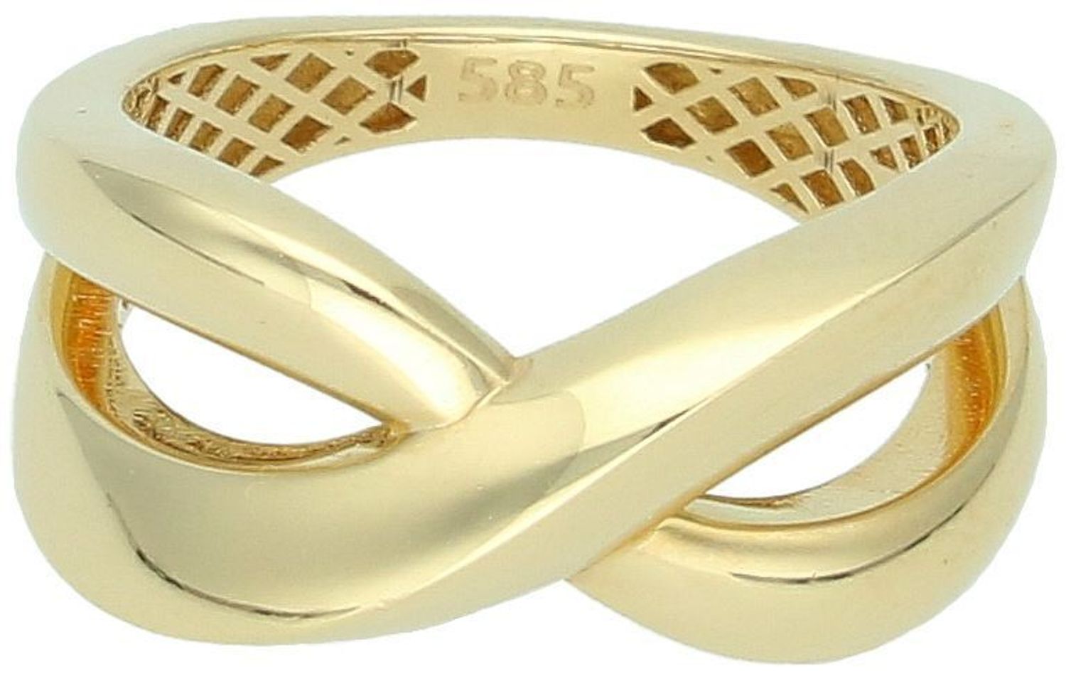 Złoty pierścionek damski o plecionym wzorze, wykonany z żółtego złota próby 585. Model DIA-PRS-4460-585 waży 3,38 g, szerokość górna 1,0 cm. Styl i elegancja w jednym.1.jpg