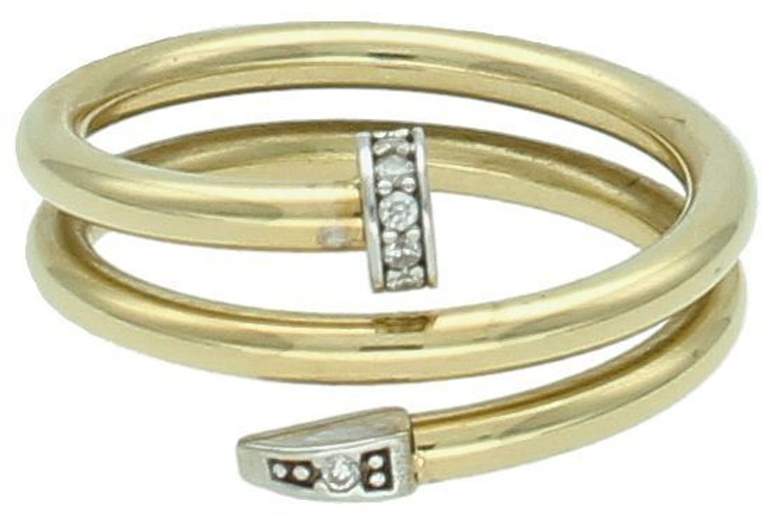 Pierścionek damski złoty 585 Zawinięty gwóźdź . Złoty pierścionek wykonany z 14 karatowego żółtego złota z dodatkiem białego złota i cyrkonii. Oryginalny kształt pierścionka sprawi, że będzie on przykuwał uwagę.1.jpg