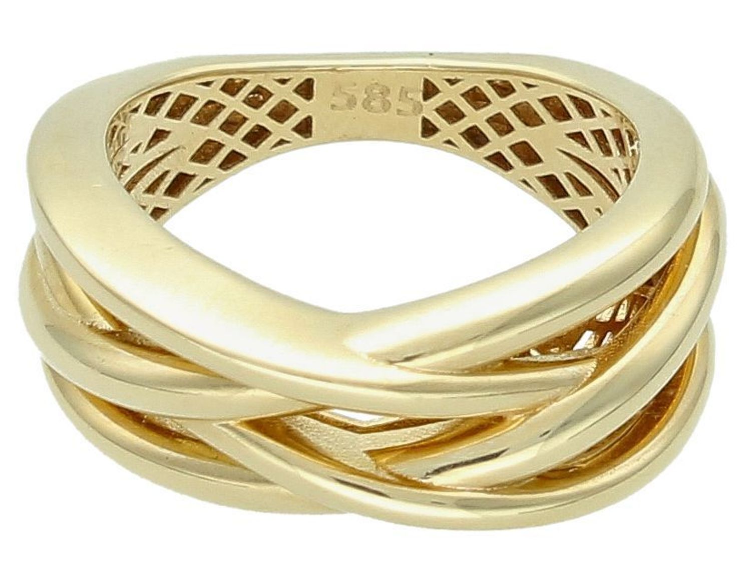 Pierścionek damski 585  przeplatane obrączki  DIA-PRS-4469-585. Szeroki złoty pierścionek 585 złożony z cienkich obrączek. Ten piękny, elegancki pierścionek wykonano z żółtego złota. 1.jpg